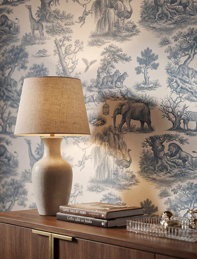Classic blue and white jungle animal Toile de Jouy custom wallpaper mural. "Wilderness Toile" elegant bespoke wall art in Dubai.