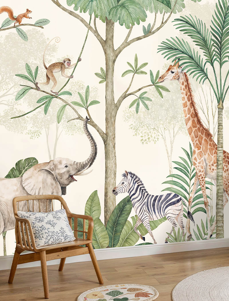 Sophisticated watercolor safari animal custom wallpaper mural featuring a giraffe, elephant, and zebra in a stylish kids room. "Jungle Adventure Playland" premium nursery wallcovering in Dubai and the UAE.