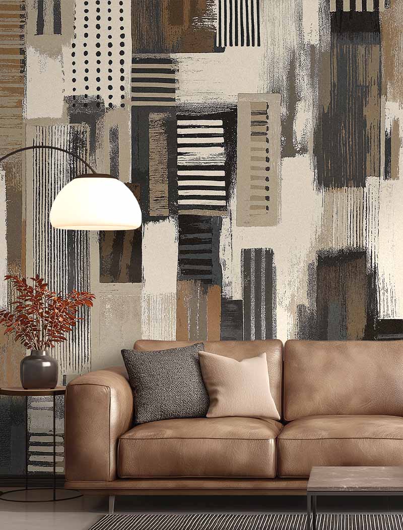 Abstract geometric textured block custom wallpaper mural in sophisticated earthy tones. "Fragments of Balance" contemporary living room wall design in Dubai and the UAE.