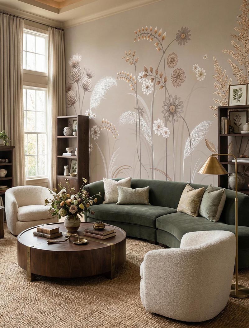 Delicate meadow grasses and wildflowers custom wallpaper mural in premium earthy tones. "Meadow Whispers" elegant botanical bespoke wallcovering in Dubai.