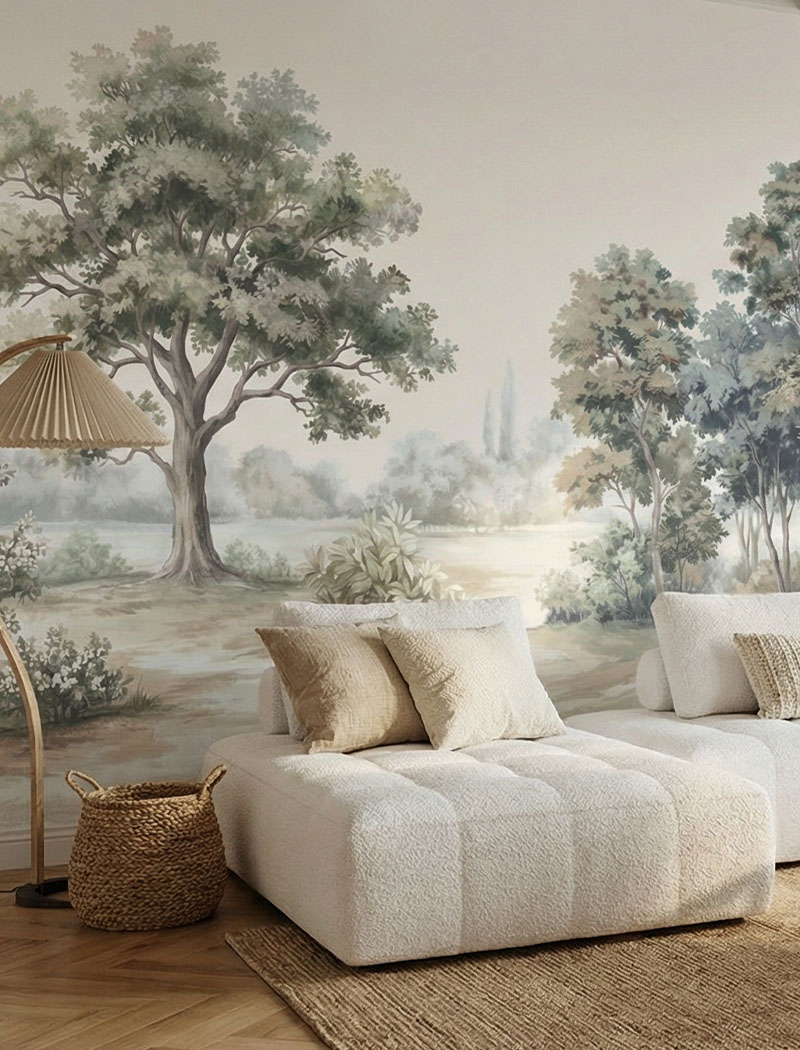 Soft misty classic landscape custom wallpaper mural featuring vintage trees in muted earthy tones. "Vintage Grove" elegant pure painting wall art in Dubai.
