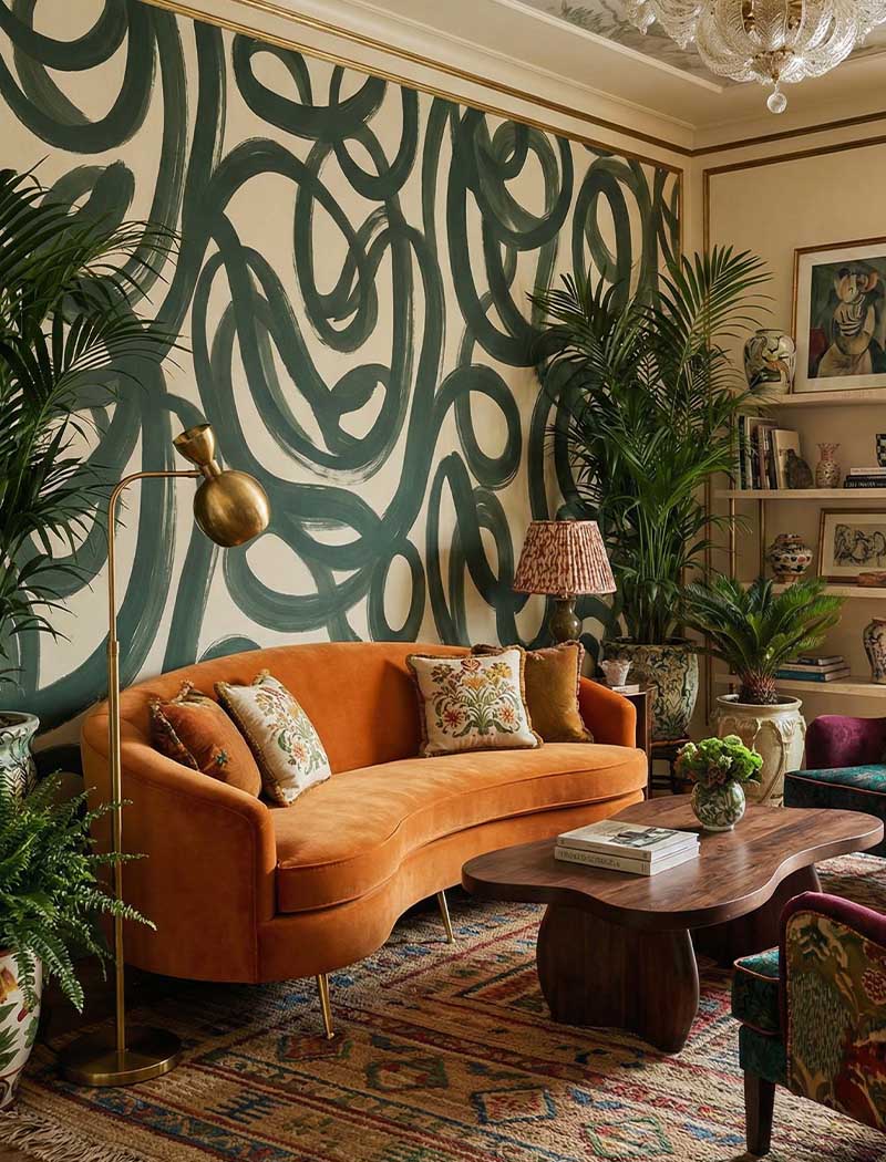 Bold green abstract brushstroke custom wallpaper mural in a stylish contemporary living room. "Fluid Strokes" premium bespoke wall art in Dubai.