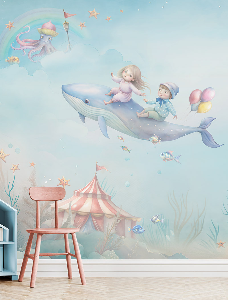 Whimsical flying whale and ocean dreamscape custom wallpaper mural with a soft artistic finish. "Sky to Sea Parade" high-end kids room wall art in the UAE.