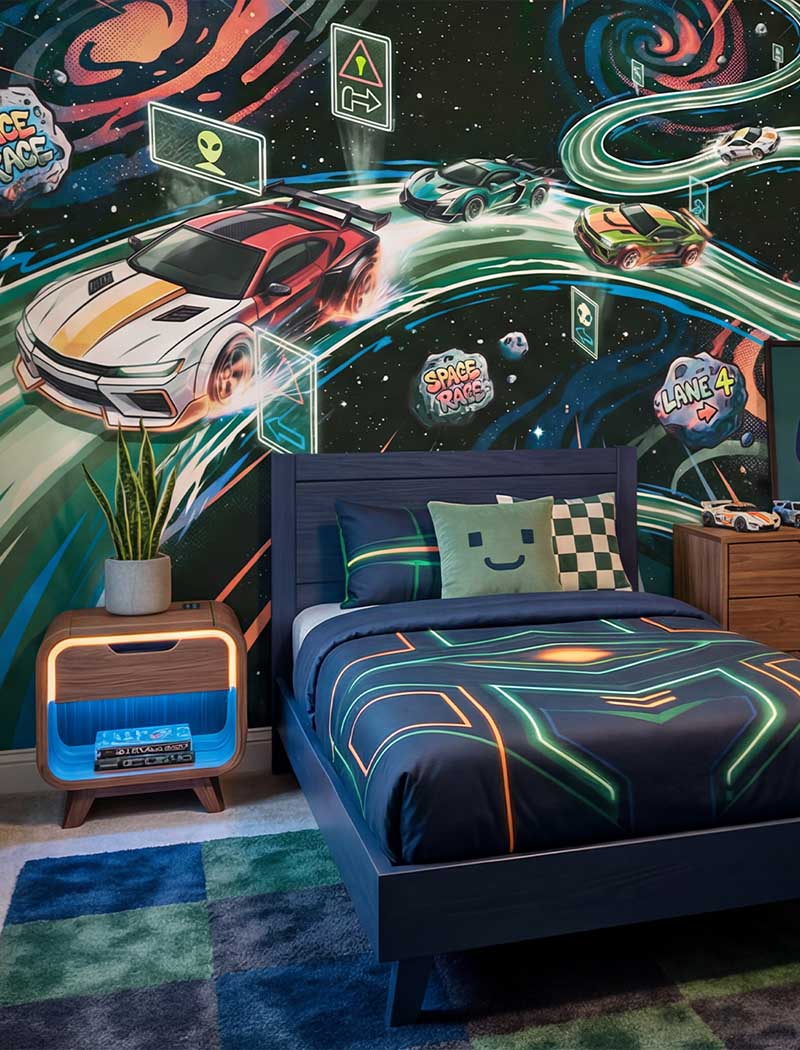 Dynamic cosmic race track and sports cars custom wallpaper mural in vibrant neon colors. "Galactic Speedway" premium boys bedroom wall design in Dubai.