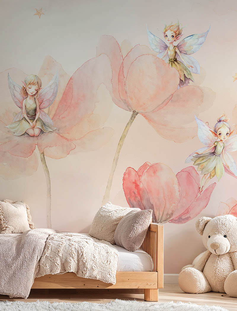 Sophisticated watercolor fairy and giant pink floral custom wallpaper mural for an elegant girls room. "Blooming Fairies" premium nursery bespoke wallcovering in Dubai.