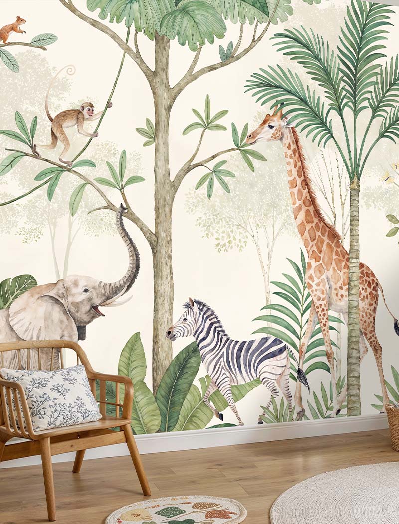 Sophisticated watercolor safari animal custom wallpaper mural featuring a giraffe, elephant, and zebra in a stylish kids room. "Jungle Adventure Playland" premium nursery wallcovering in Dubai and the UAE.