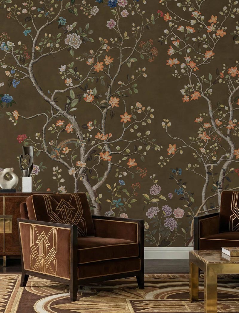 Dark moody Chinoiserie floral custom wallpaper mural painted in premium earthy tones. "Heritage Bloom" luxury bespoke wallcovering for elegant interiors in Dubai and the UAE.