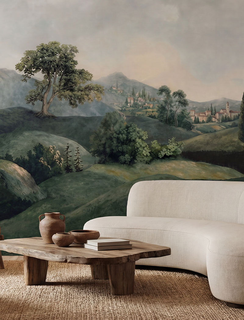 Classic Italian fresco style rolling hills landscape custom wallpaper mural in rich green tones. "Hills Beyond Silence" luxury living room bespoke wallcovering in the UAE.