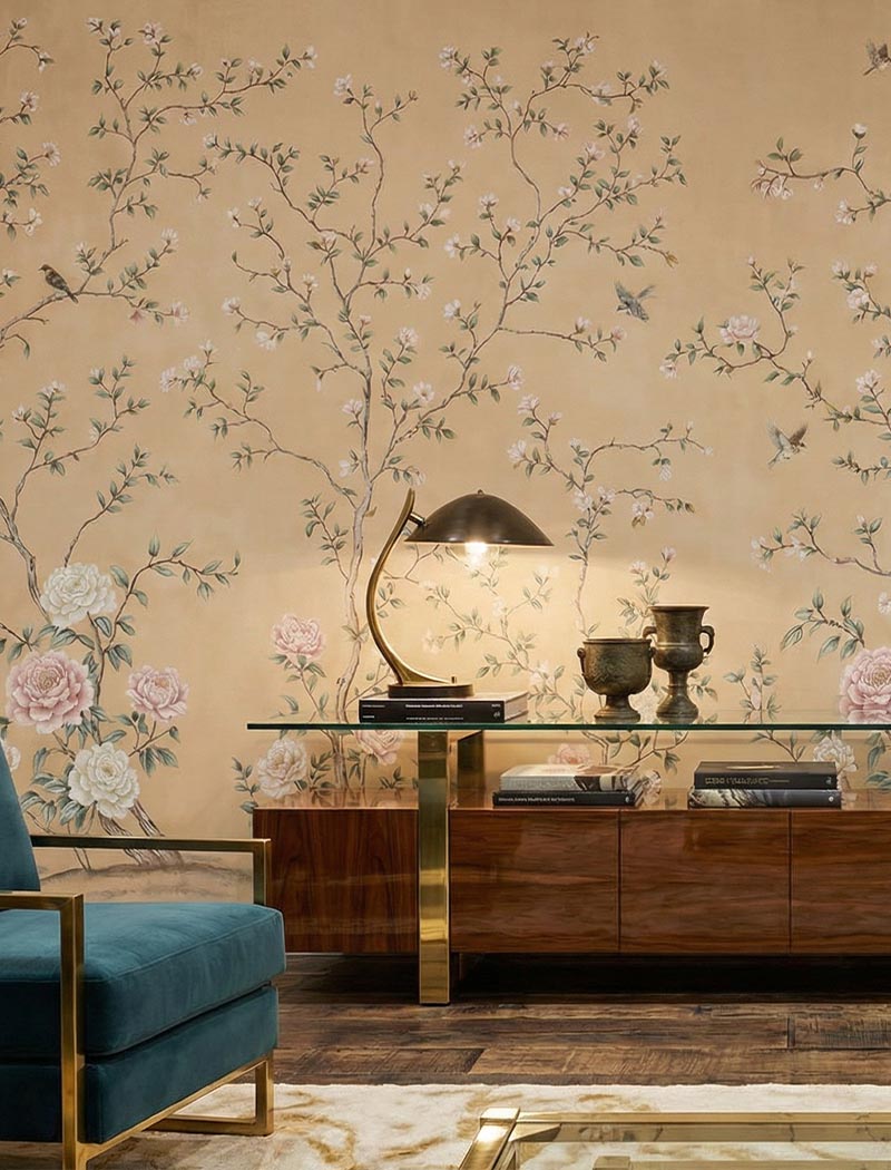 Delicate Chinoiserie floral custom wallpaper mural on an earthy beige background. "Spring Sonata" vintage botanical bespoke wall art in Dubai.