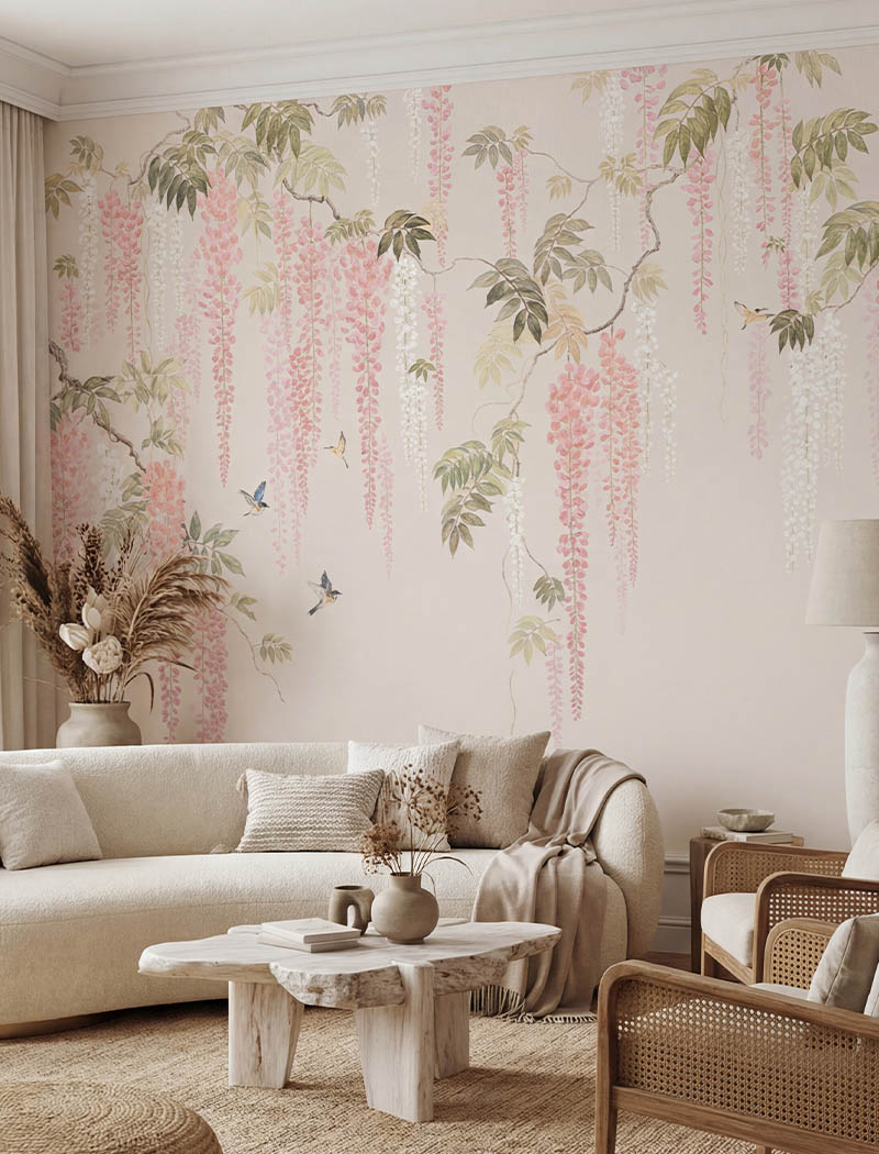 Soft pink wisteria floral custom wallpaper mural in a serene Japandi style living room. "Wisterias Whisper" elegant bespoke wallcovering in Dubai and the UAE.