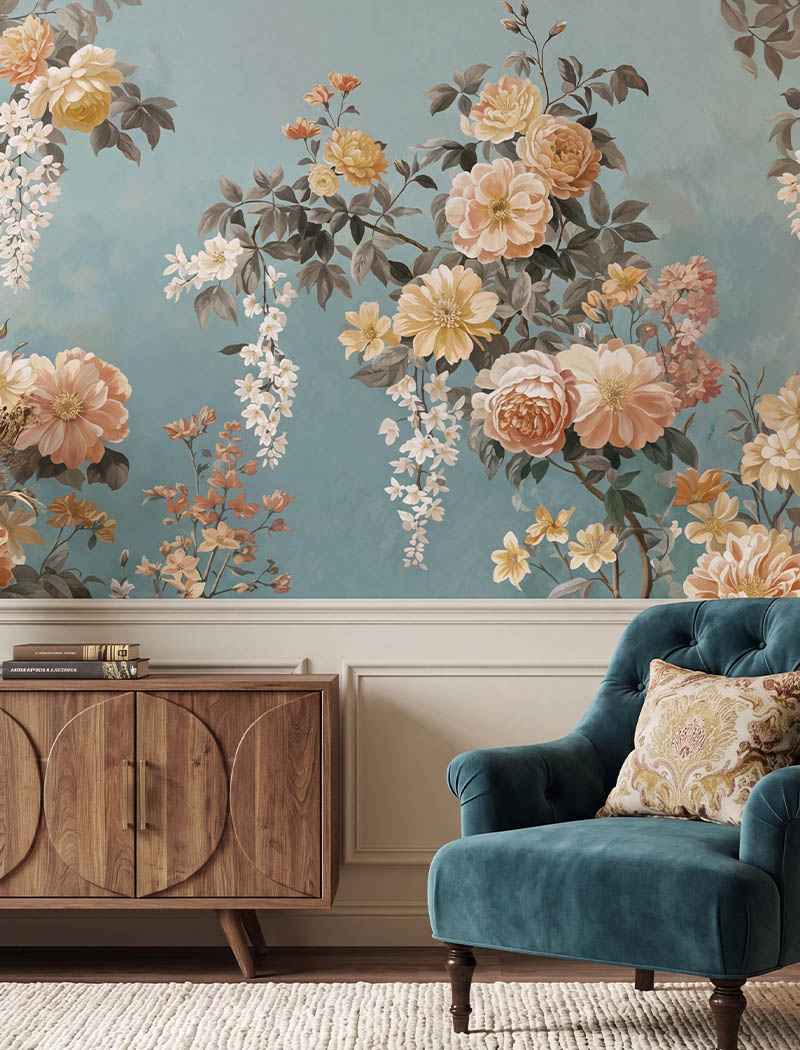 Lush vintage floral custom wallpaper mural featuring large painterly blossoms on a soft blue background. "Eternal Garden" luxury living room wall design in the UAE.