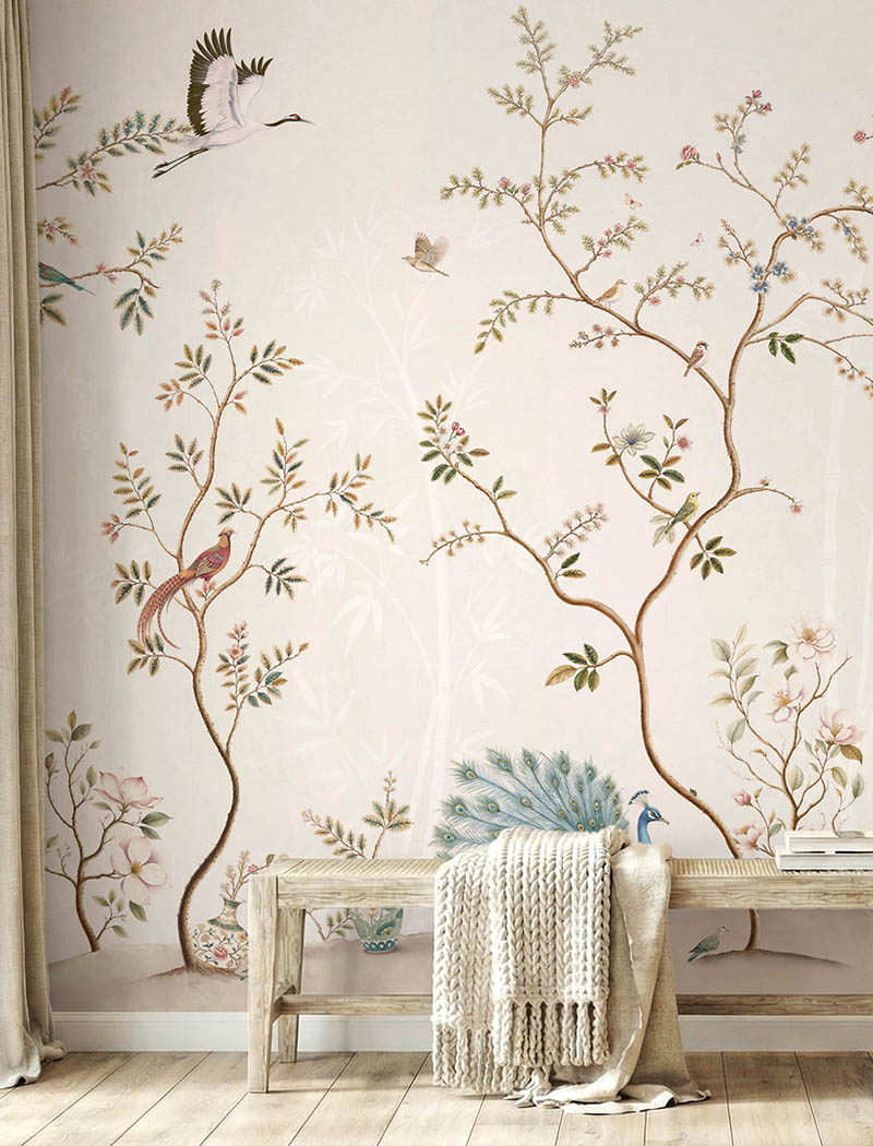 Refined Chinoiserie custom wallpaper mural featuring a white peacock and delicate floral branches. "Oriental Serenity" premium bespoke wall design for luxury interiors in Dubai and the UAE.