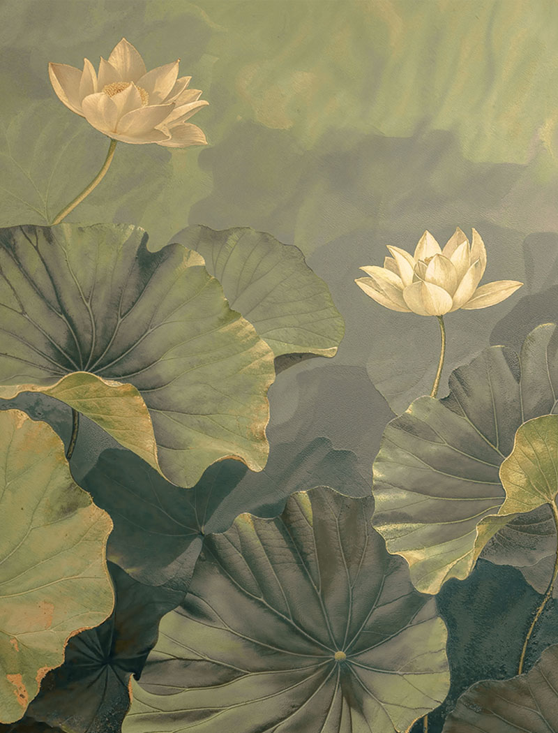 Large scale painterly lotus floral custom wallpaper mural in elegant earthy green tones. "Lotus Haven" premium botanical bespoke wallcovering in Dubai.