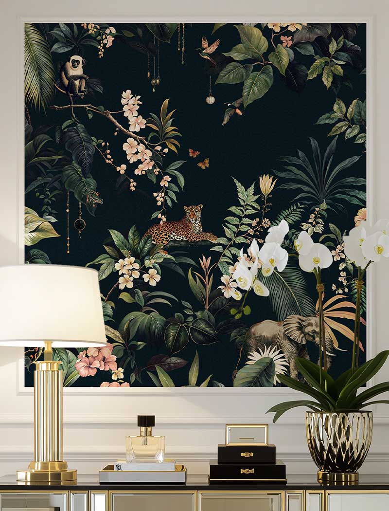 Dark moody tropical jungle animal custom wallpaper mural featuring rich foliage and a leopard. "Harmony of Untamed Realm" luxury bespoke wall art for elegant interiors in the UAE.