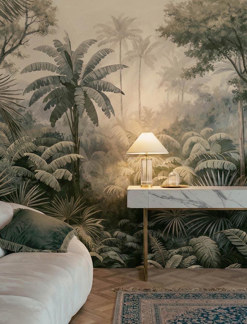 Elegant misty tropical jungle custom wallpaper mural with soft green palm leaves in a luxury living room. "Misty Grove" bespoke botanical wall art in the UAE.