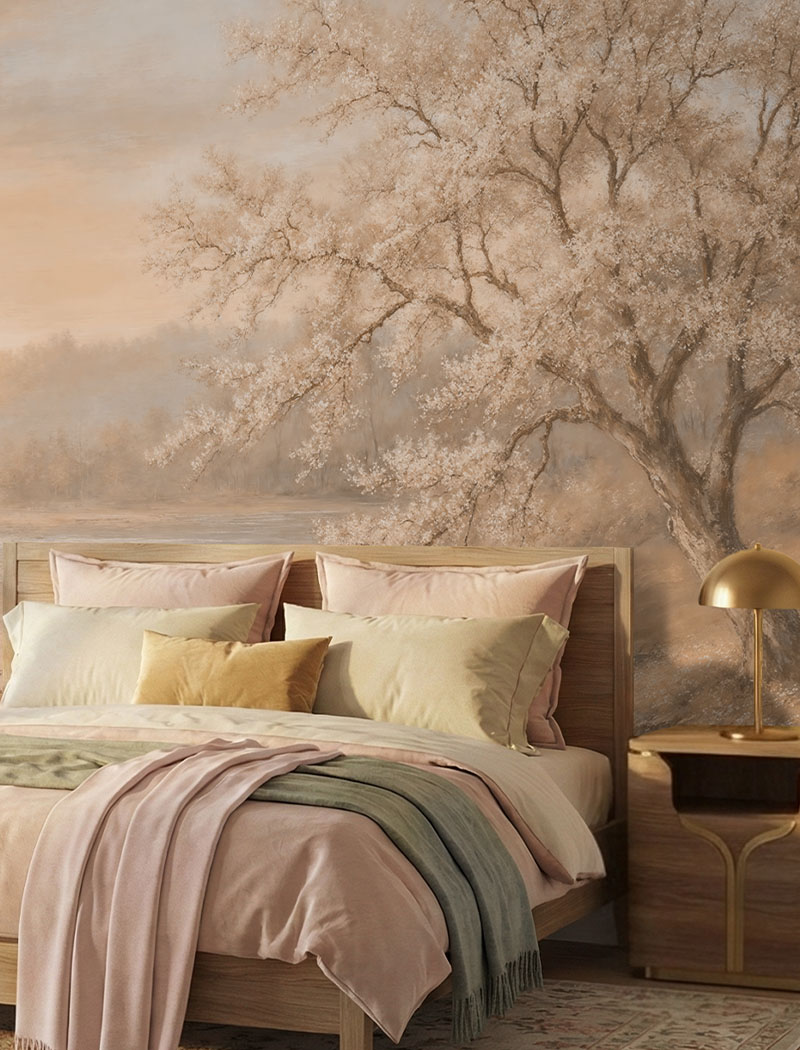 Muted beige blossoming tree by a river custom wallpaper mural with a soft painterly finish. "Silent River Blossom" elegant bedroom wall art in Dubai and the UAE.