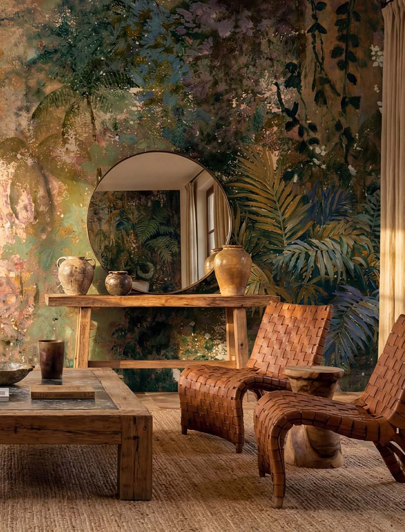 Dark moody tropical foliage custom wallpaper mural with a rich vintage texture in a stylish entryway. "Tropical Fresco" bespoke luxury wallcovering in Dubai and the UAE.