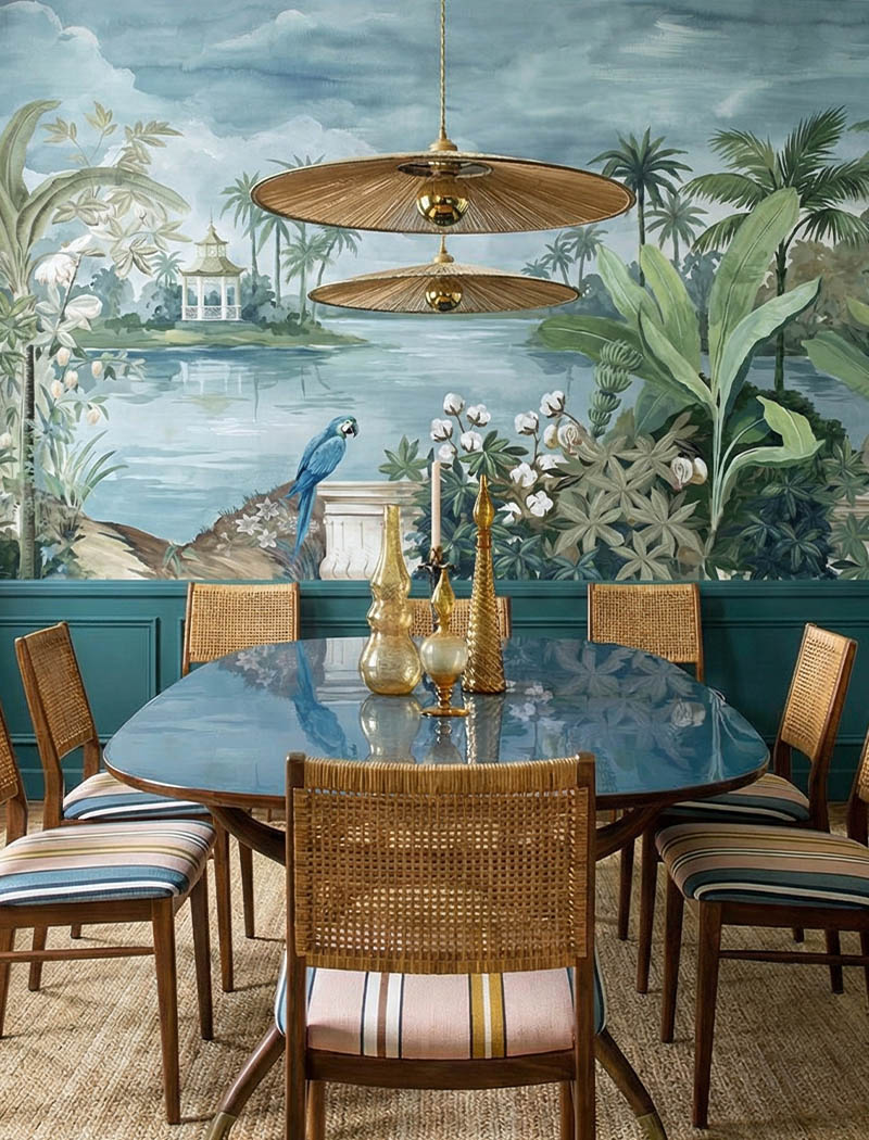 Elegant tropical Chinoiserie landscape custom wallpaper mural featuring palm trees and a blue macaw in a luxury dining room. "Tropical Terrace" premium bespoke wall design in Dubai.