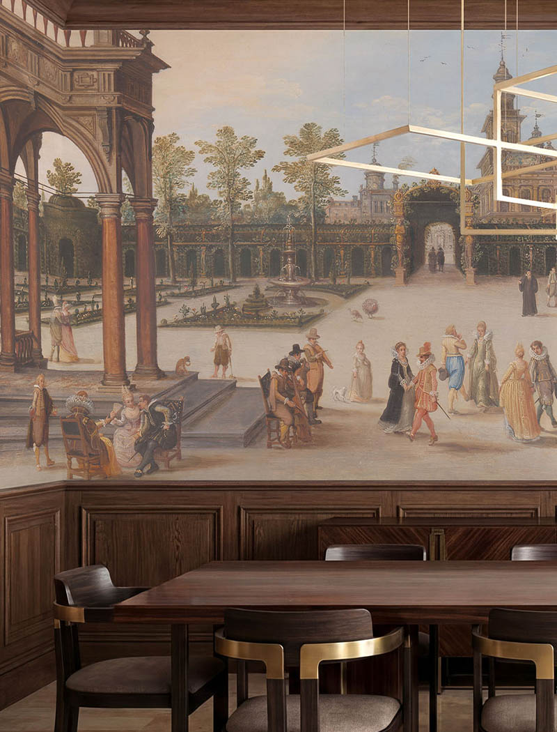 Classic European plaza scene custom wallpaper mural in a vintage fresco style. "Venetian Soiree" luxury dining room bespoke wall art in Dubai.
