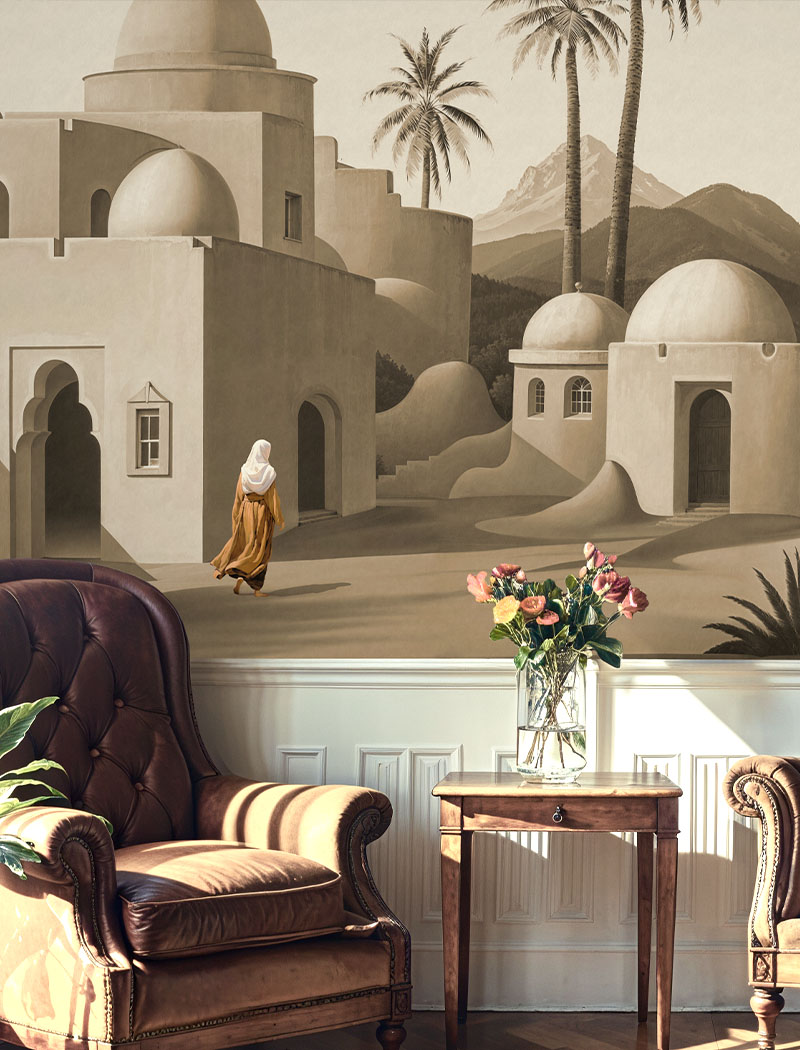 Elegant Arabian architecture landscape custom wallpaper mural in warm sepia tones. "Whispers of Medina" premium heritage wallcovering in the UAE.