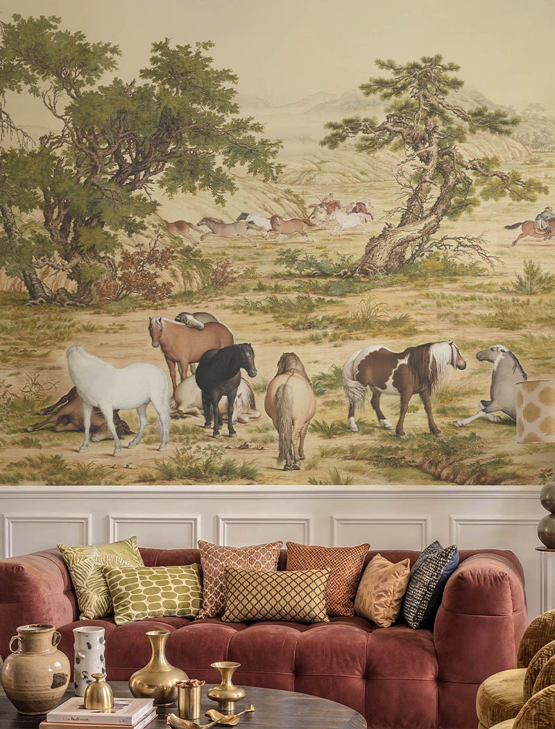 Vintage equestrian landscape custom wallpaper mural painted in elegant earthy tones. "Imperial Pastures" luxury living room bespoke wallcovering in Dubai.