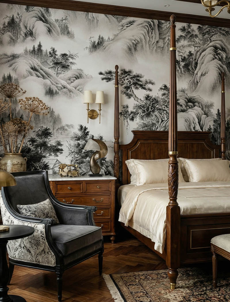 Monochrome ink wash mountain landscape custom wallpaper mural. "Misty Peaks" elegant Chinoiserie bedroom wall design in Dubai and the UAE.