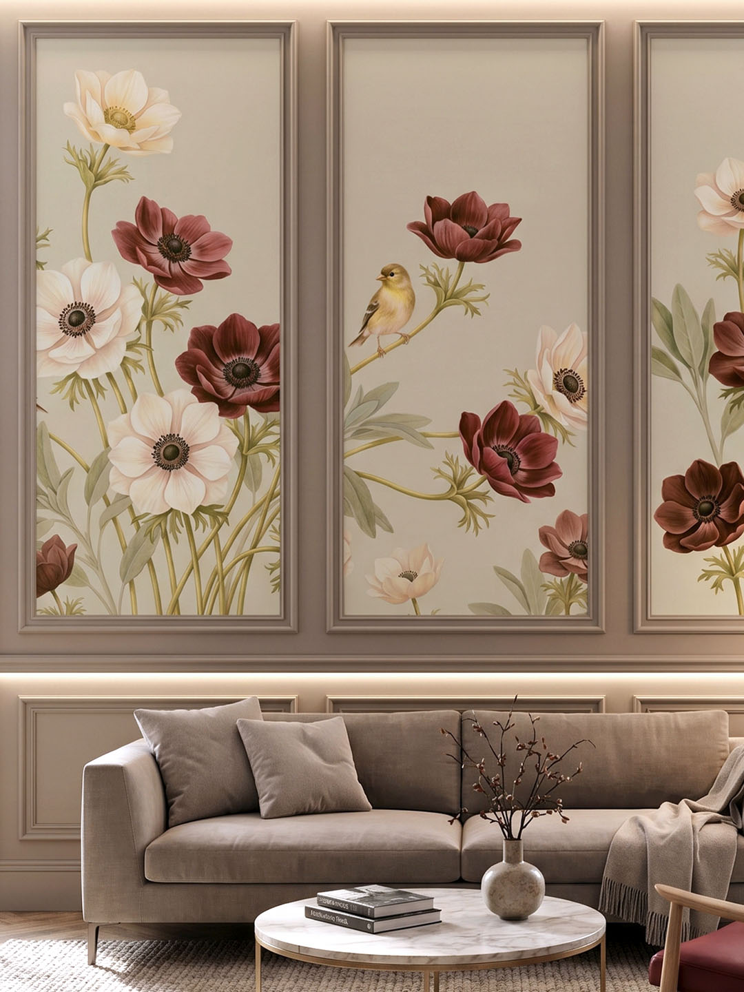 Anemone Seren main image displaying the complete Anemone Serenade wallpaper pattern, featuring a seamless vintage illustration of blooming flowers, foliage, and small birds on a soft backgro Anemone Seren main image displaying the complete Anemone Serenade wallpaper pattern, featuring a seamless vintage illustration of blooming flowers, foliage, and small birds on a soft backgro