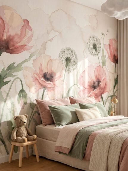 Musee custom children's wallpaper featuring a soft, hand-painted watercolor meadow with blooming flowers, buds, and dandelions growing from the bottom up.