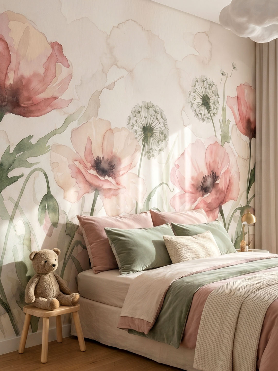 Musee custom children's wallpaper featuring a soft, hand-painted watercolor meadow with blooming flowers, buds, and dandelions growing from the bottom up.