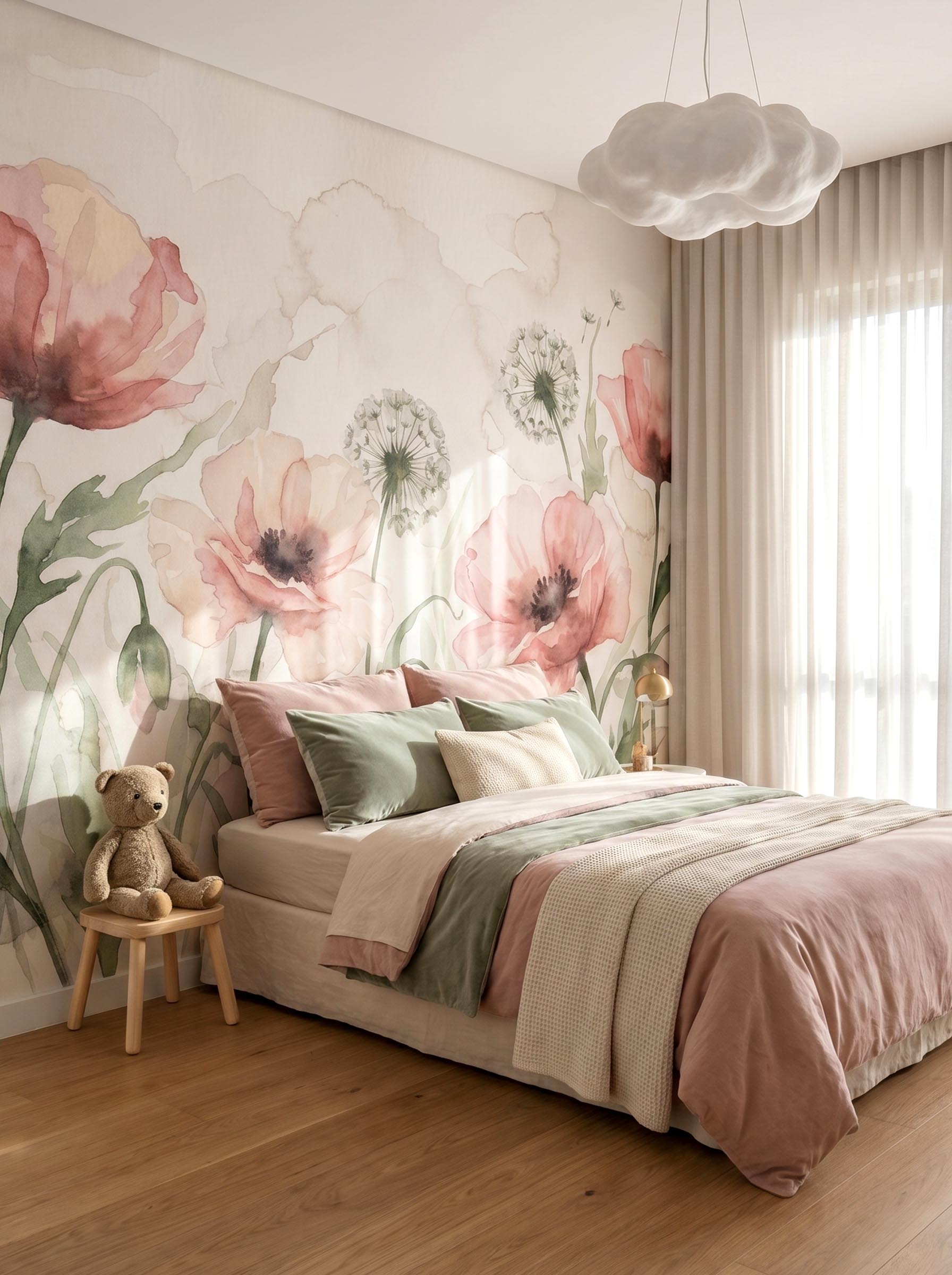 Musee | Blossom Breeze Wall Mural Musee custom children's wallpaper featuring a soft, hand-painted watercolor meadow with blooming flowers, buds, and dandelions growing from the bottom up.
