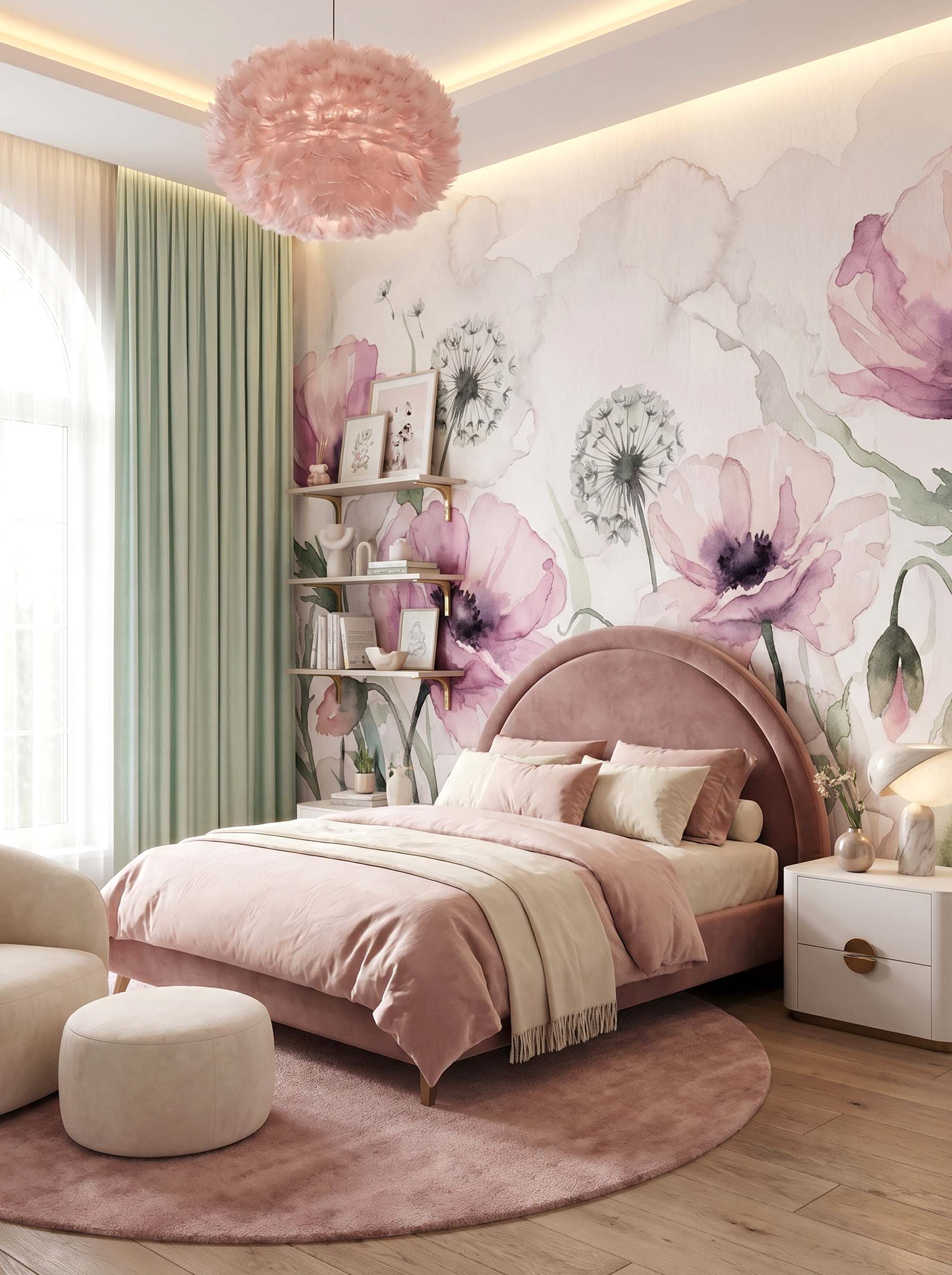 Musee | Blossom Breeze Wall Mural Musee custom children's wallpaper featuring a soft, hand-painted watercolor meadow with blooming flowers, buds, and dandelions growing from the bottom up.
