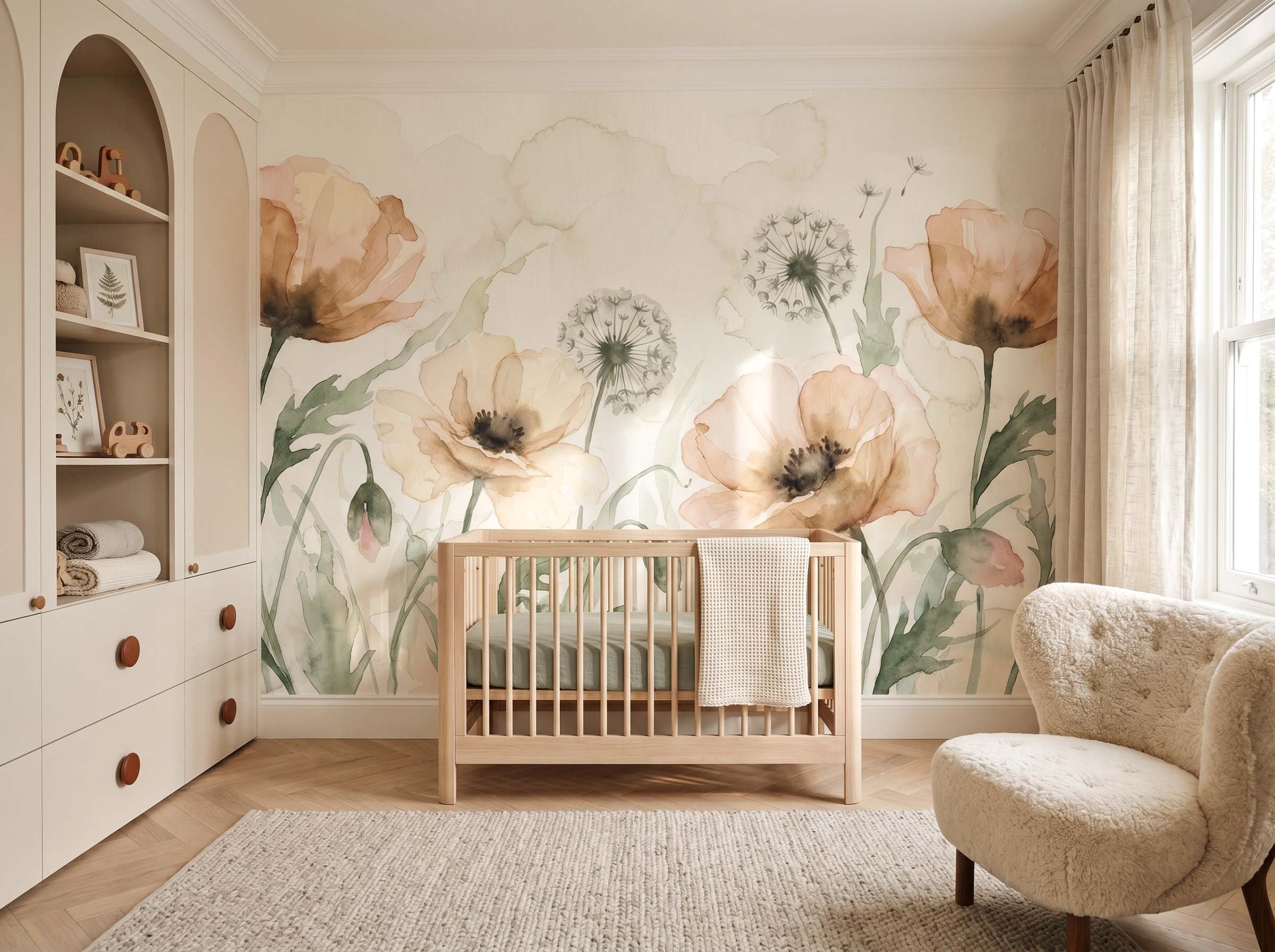 Musee | Blossom Breeze Wall Mural Musee custom children's wallpaper featuring a soft, hand-painted watercolor meadow with blooming flowers, buds, and dandelions growing from the bottom up.