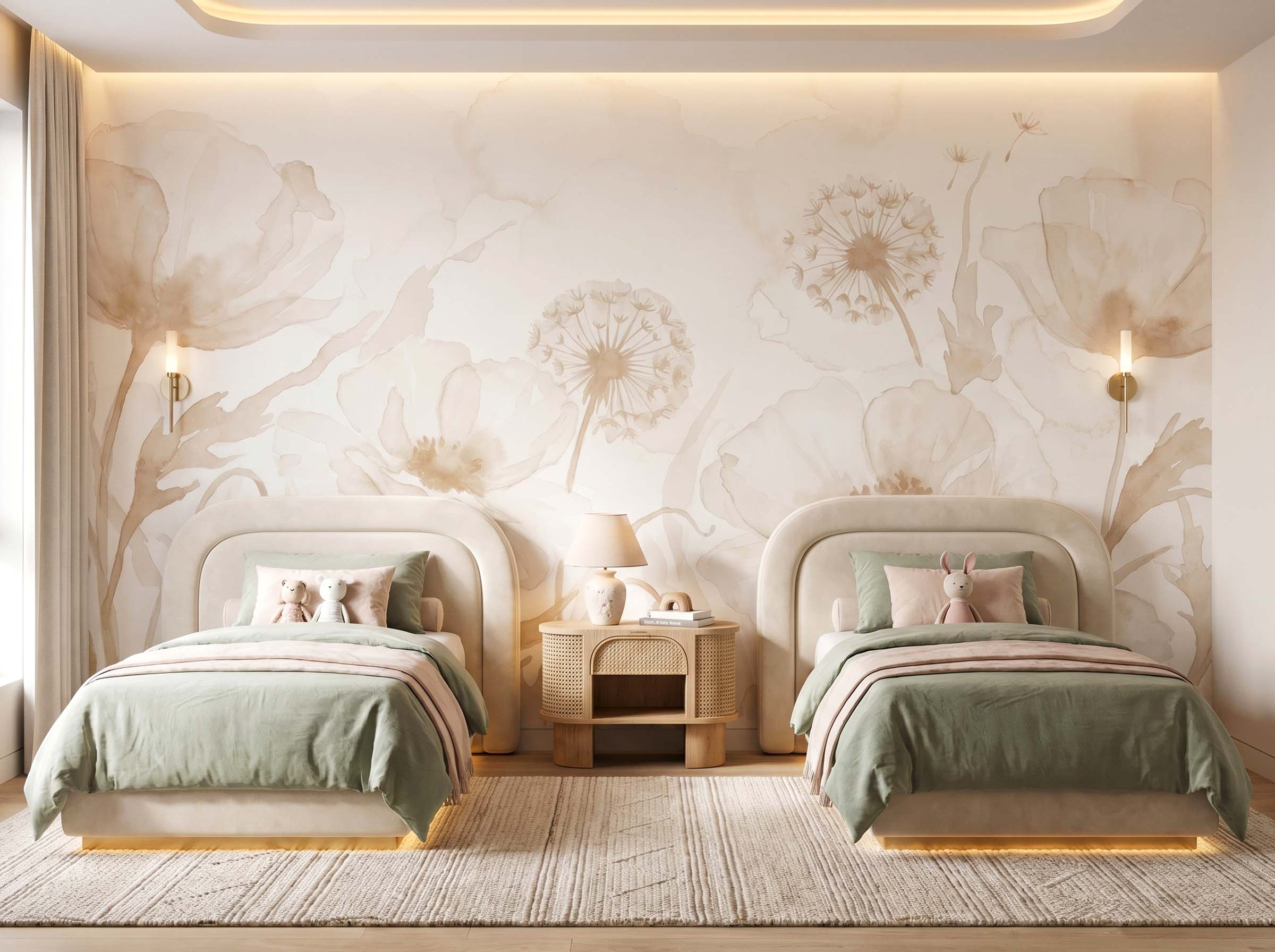 Musee | Blossom Breeze Wall Mural Musee custom children's wallpaper featuring a soft, hand-painted watercolor meadow with blooming flowers, buds, and dandelions growing from the bottom up.