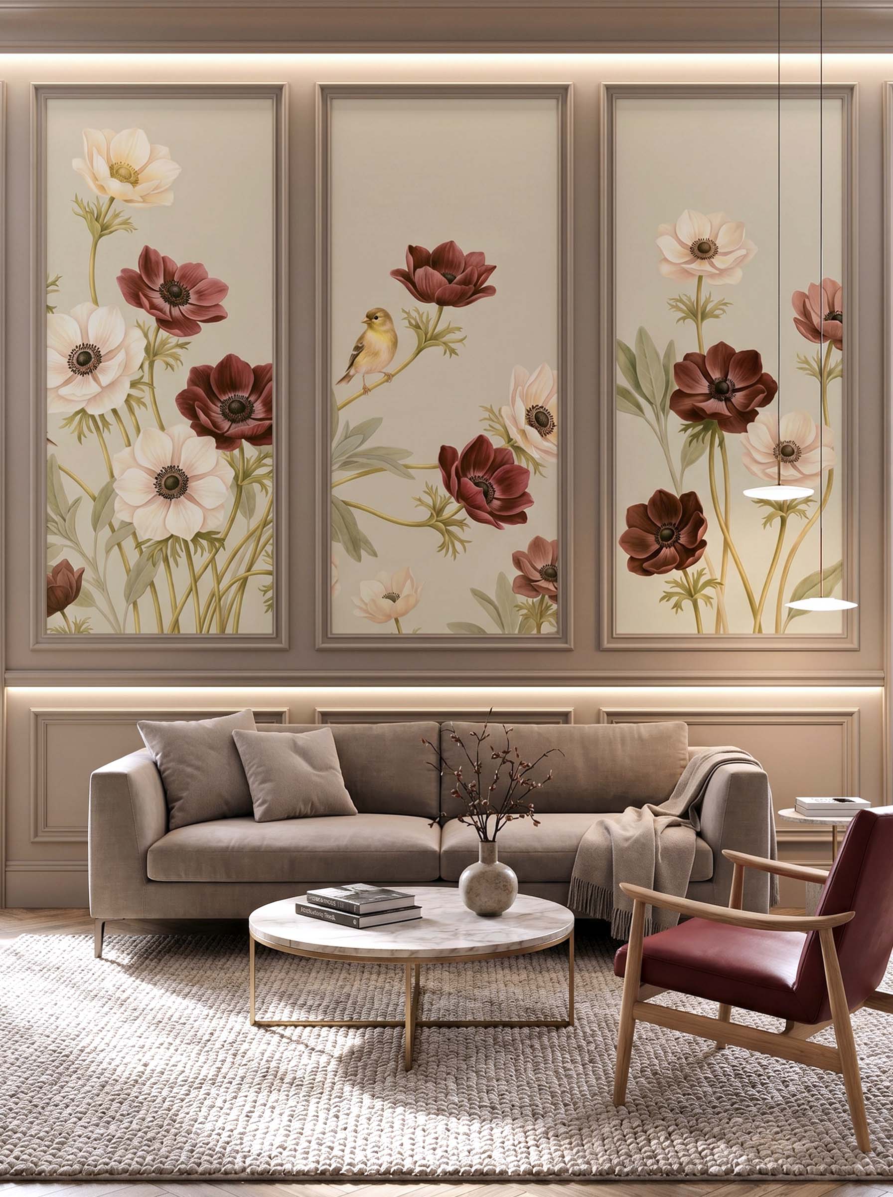 Interior room mockup featuring the Musee Anemone Serenade wall mural with vintage flowers and birds, creating an elegant and nature inspired atmosphere.A Interior room mockup featuring the Musee Anemone Serenade wall mural with vintage flowers and birds, creating an elegant and nature inspired atmosphere.A