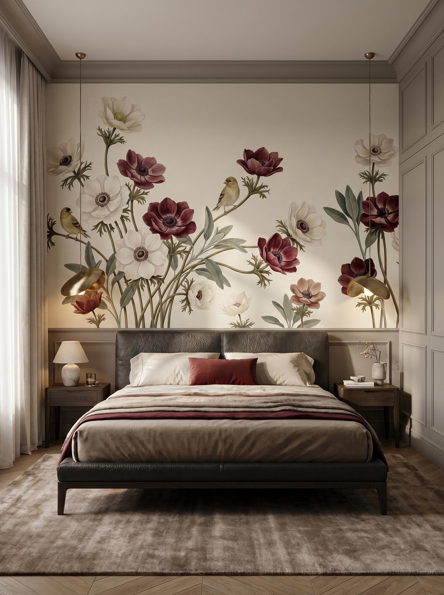 Interior room mockup featuring the Musee Anemone Serenade wall mural with vintage flowers and birds, creating an elegant and nature inspired atmosphere.B Interior room mockup featuring the Musee Anemone Serenade wall mural with vintage flowers and birds, creating an elegant and nature inspired atmosphere.B