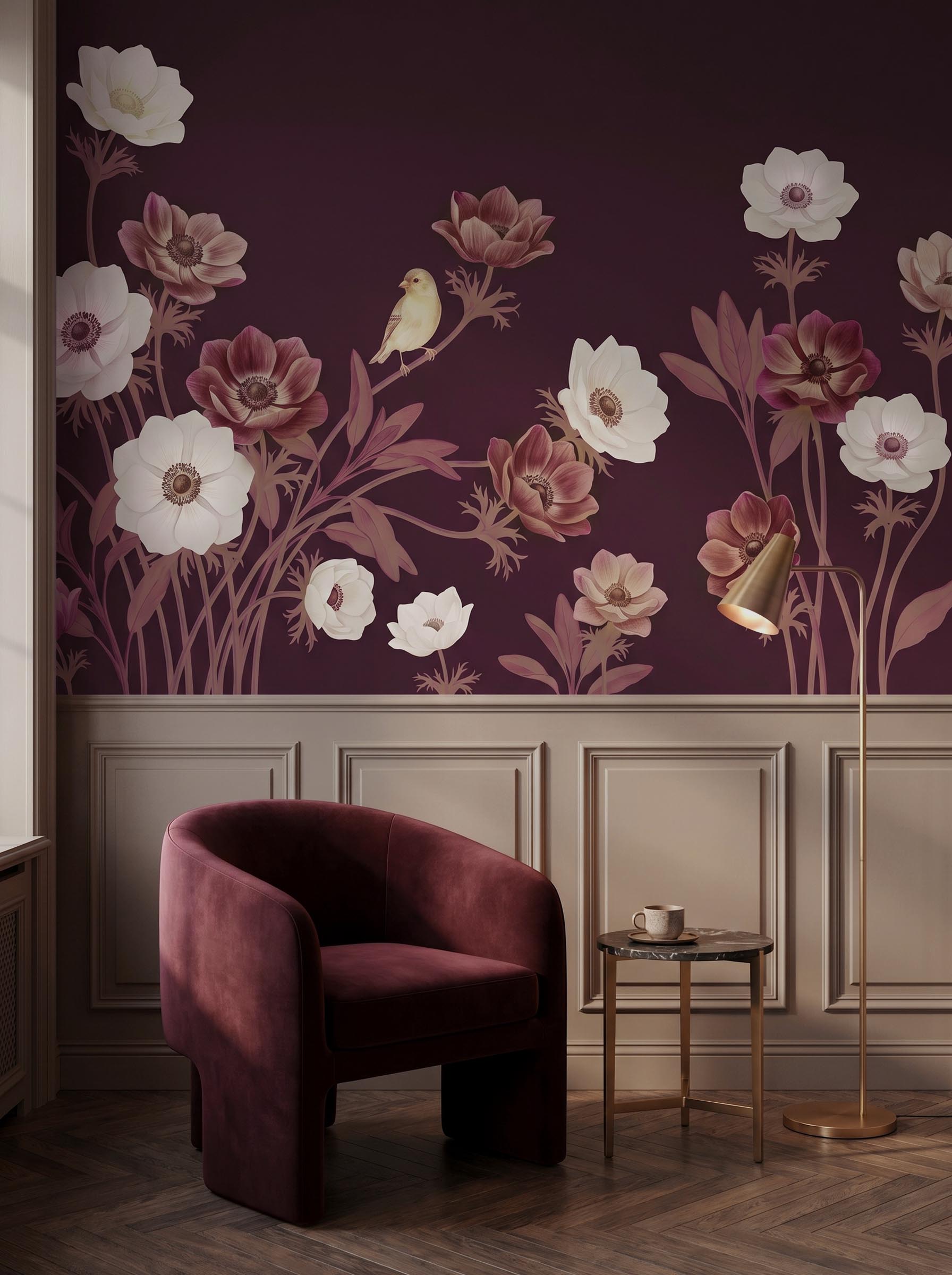 Interior room mockup featuring the Musee Anemone Serenade wall mural with vintage flowers and birds, creating an elegant and nature inspired atmosphere.C Interior room mockup featuring the Musee Anemone Serenade wall mural with vintage flowers and birds, creating an elegant and nature inspired atmosphere.C
