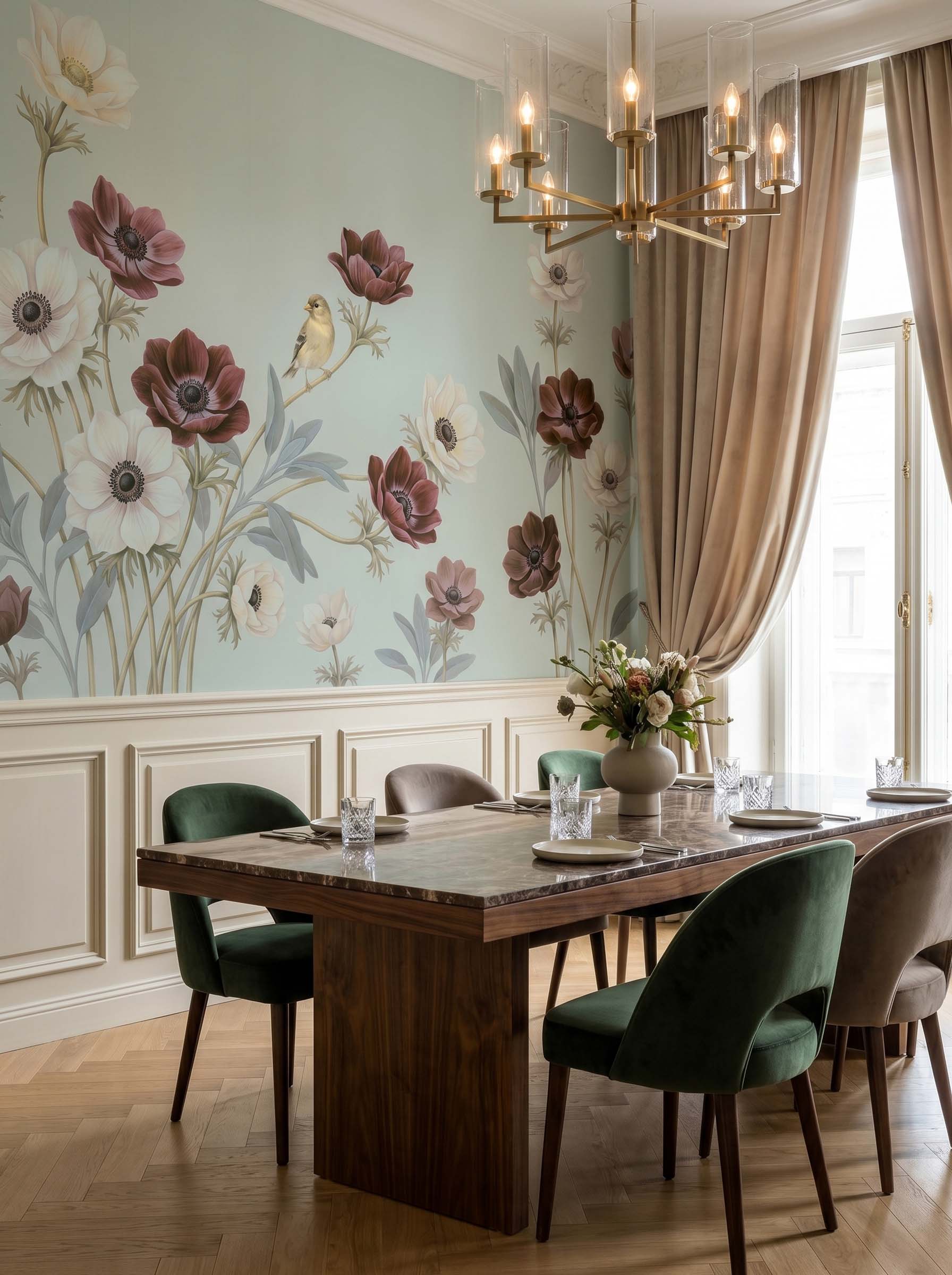 Interior room mockup featuring the Musee Anemone Serenade wall mural with vintage flowers and birds, creating an elegant and nature inspired atmosphere.D Interior room mockup featuring the Musee Anemone Serenade wall mural with vintage flowers and birds, creating an elegant and nature inspired atmosphere.D
