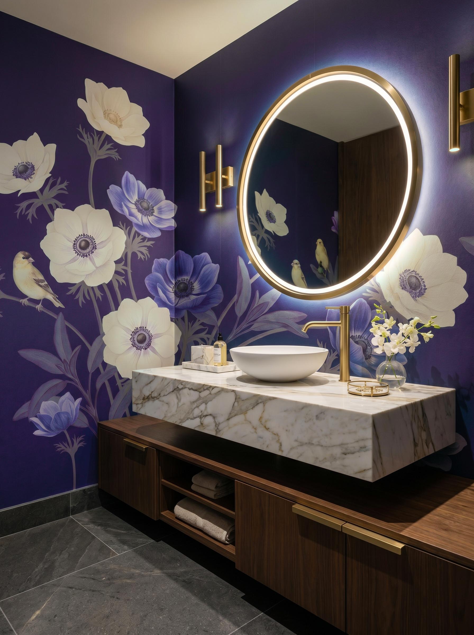 Interior room mockup featuring the Musee Anemone Serenade wall mural with vintage flowers and birds, creating an elegant and nature inspired atmosphere.E Interior room mockup featuring the Musee Anemone Serenade wall mural with vintage flowers and birds, creating an elegant and nature inspired atmosphere.E