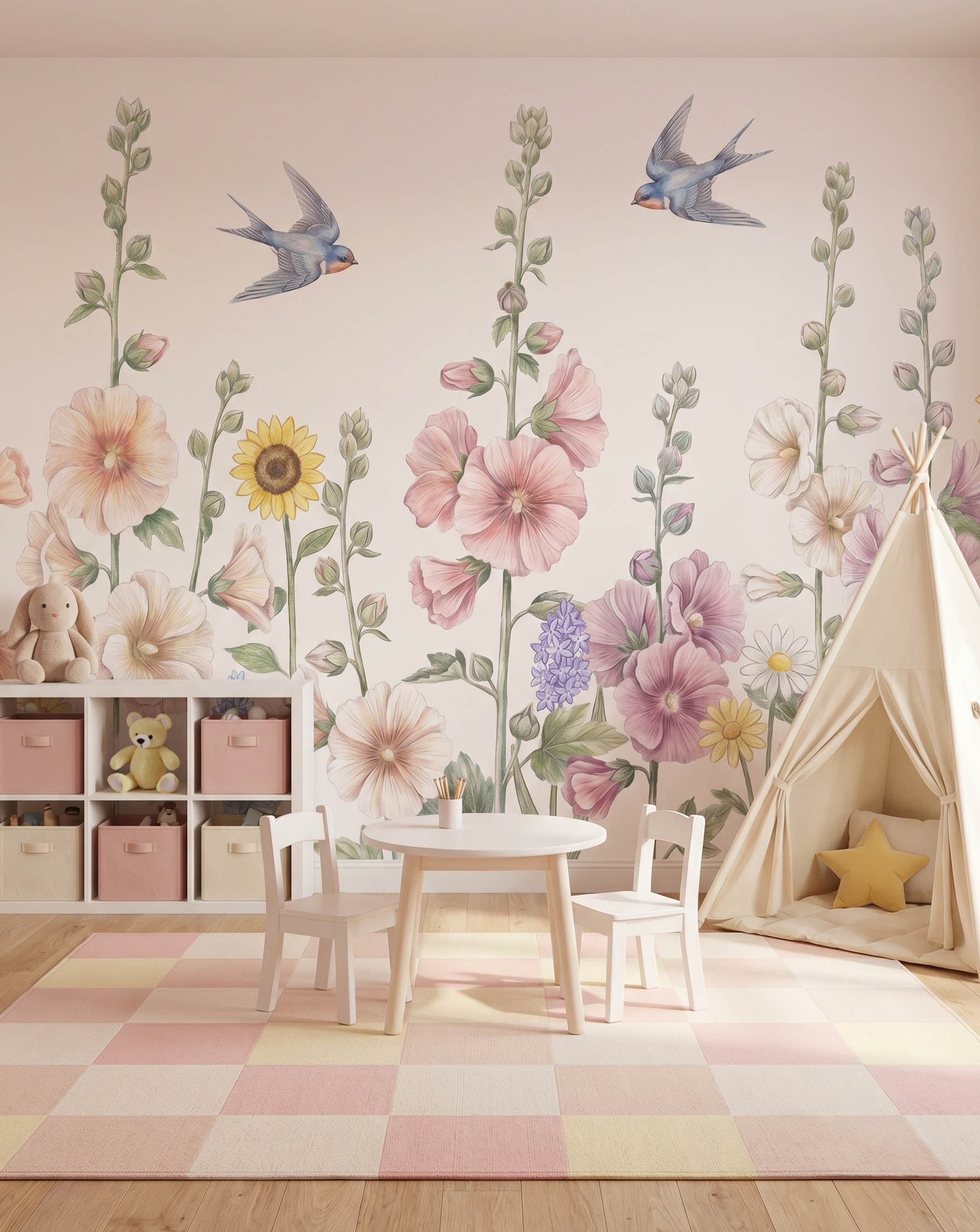 Interior room mockup featuring the Musee Floral Flight wall mural with elegant hand painted flowers and birds, creating a sophisticated and joyful kids room atmosphere.1 Interior room mockup featuring the Musee Floral Flight wall mural with elegant hand painted flowers and birds, creating a sophisticated and joyful kids room atmosphere.1