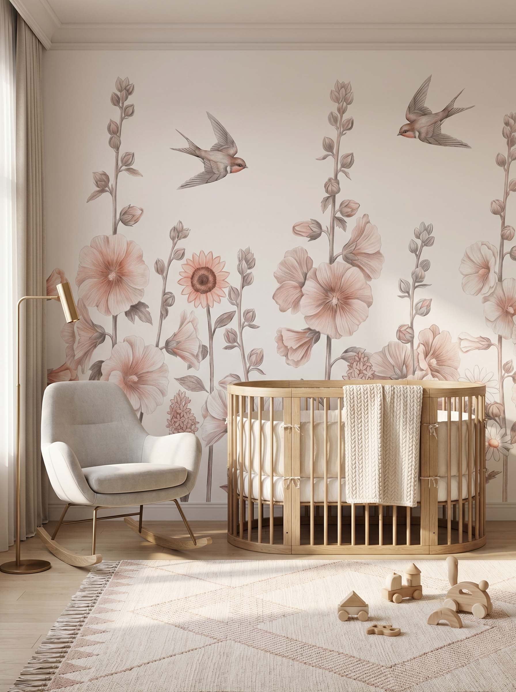 Interior room mockup featuring the Musee Floral Flight wall mural with elegant hand painted flowers and birds, creating a sophisticated and joyful kids room atmosphere.2 Interior room mockup featuring the Musee Floral Flight wall mural with elegant hand painted flowers and birds, creating a sophisticated and joyful kids room atmosphere.2