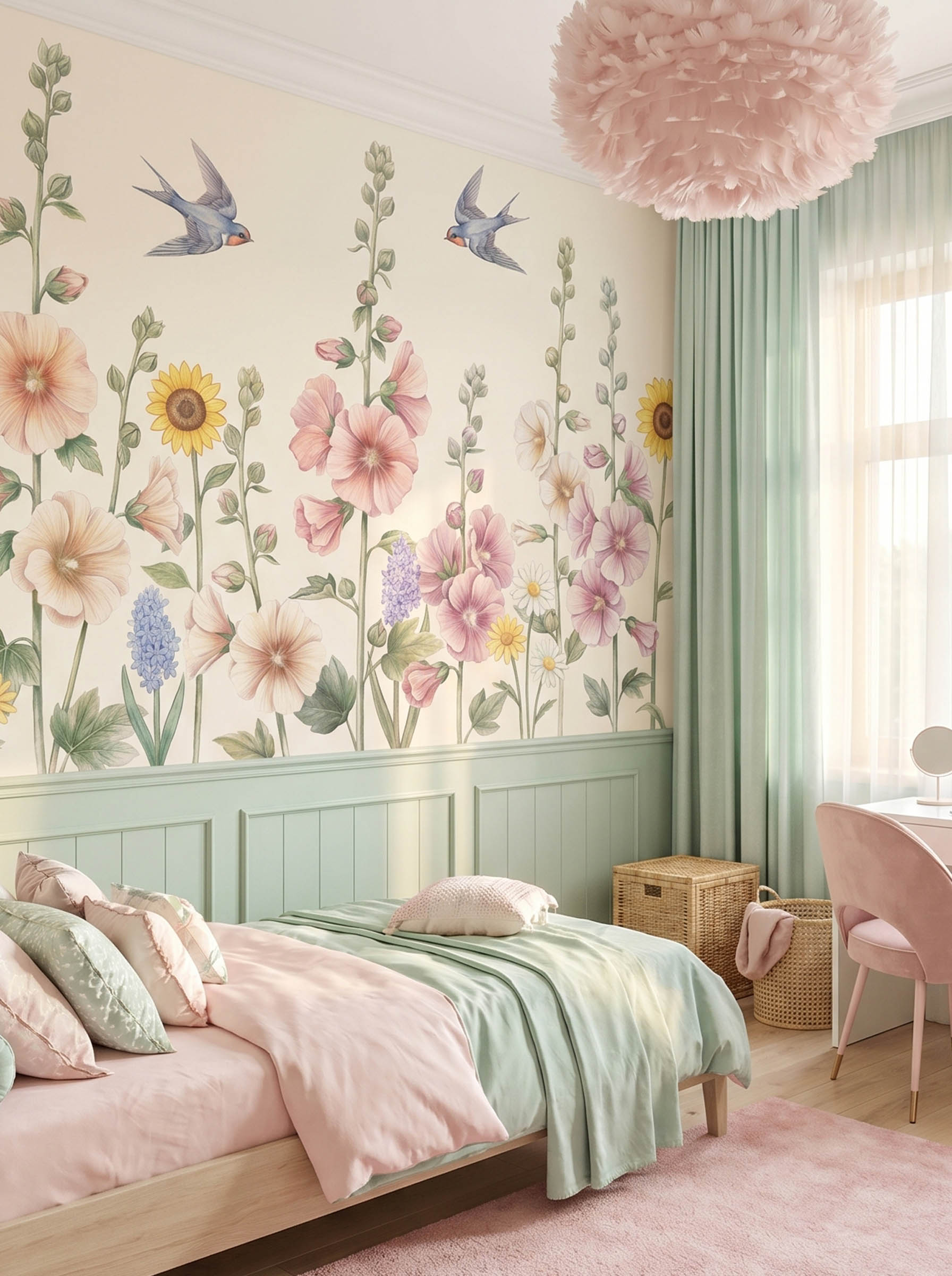 Interior room mockup featuring the Musee Floral Flight wall mural with elegant hand painted flowers and birds, creating a sophisticated and joyful kids room atmosphere.3 Interior room mockup featuring the Musee Floral Flight wall mural with elegant hand painted flowers and birds, creating a sophisticated and joyful kids room atmosphere.3