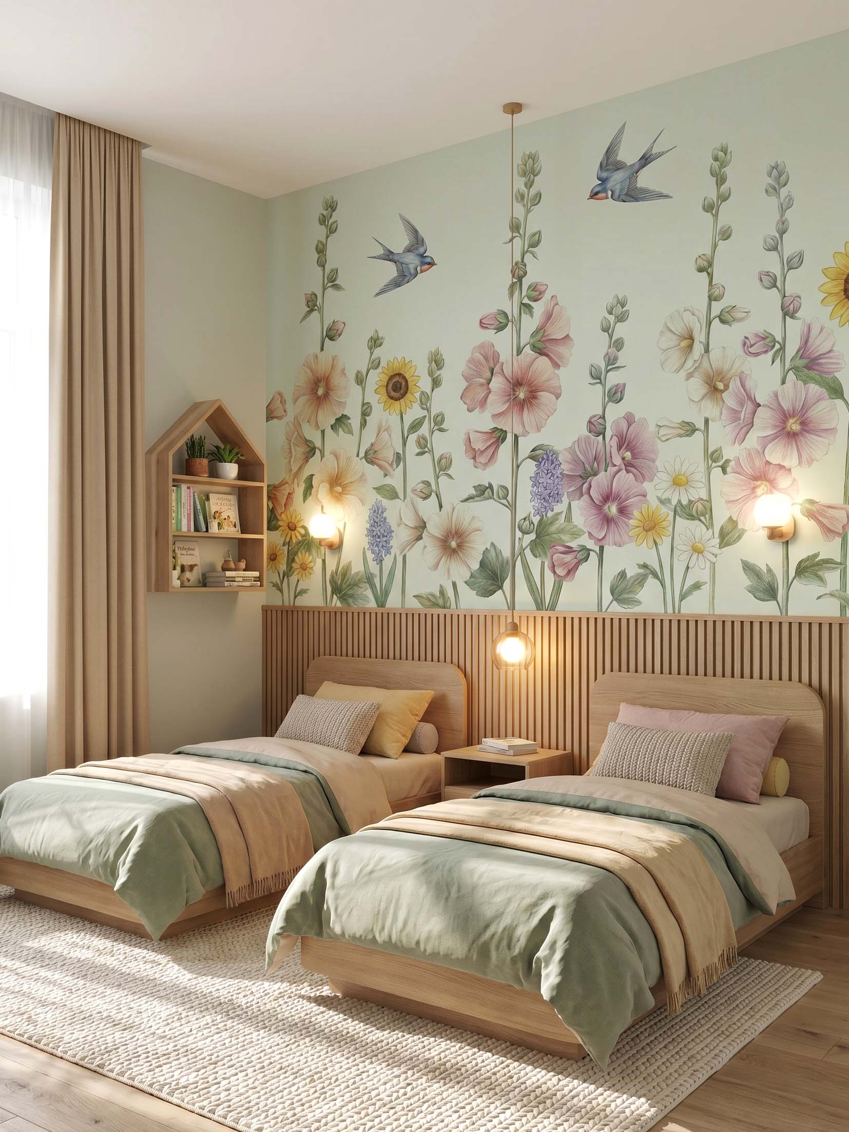 Interior room mockup featuring the Musee Floral Flight wall mural with elegant hand painted flowers and birds, creating a sophisticated and joyful kids room atmosphere.4 Interior room mockup featuring the Musee Floral Flight wall mural with elegant hand painted flowers and birds, creating a sophisticated and joyful kids room atmosphere.4