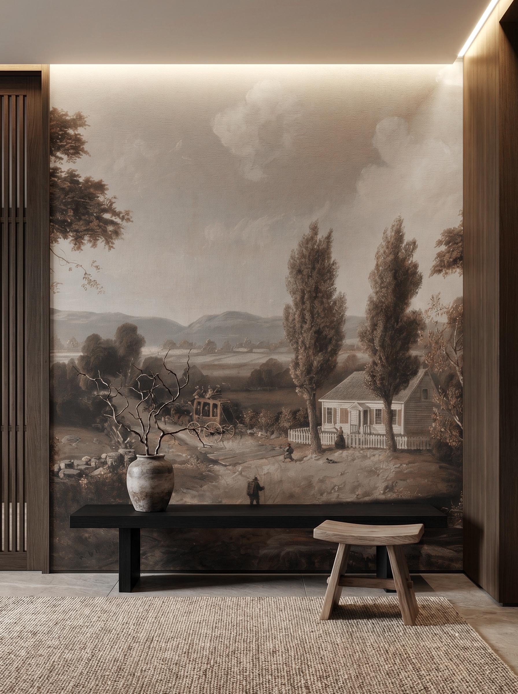 Interior room mockup featuring the Musee Pastoral Voyage wall mural with a restored historical country landscape, creating an elegant and cultured atmosphere.1 Interior room mockup featuring the Musee Pastoral Voyage wall mural with a restored historical country landscape, creating an elegant and cultured atmosphere.1