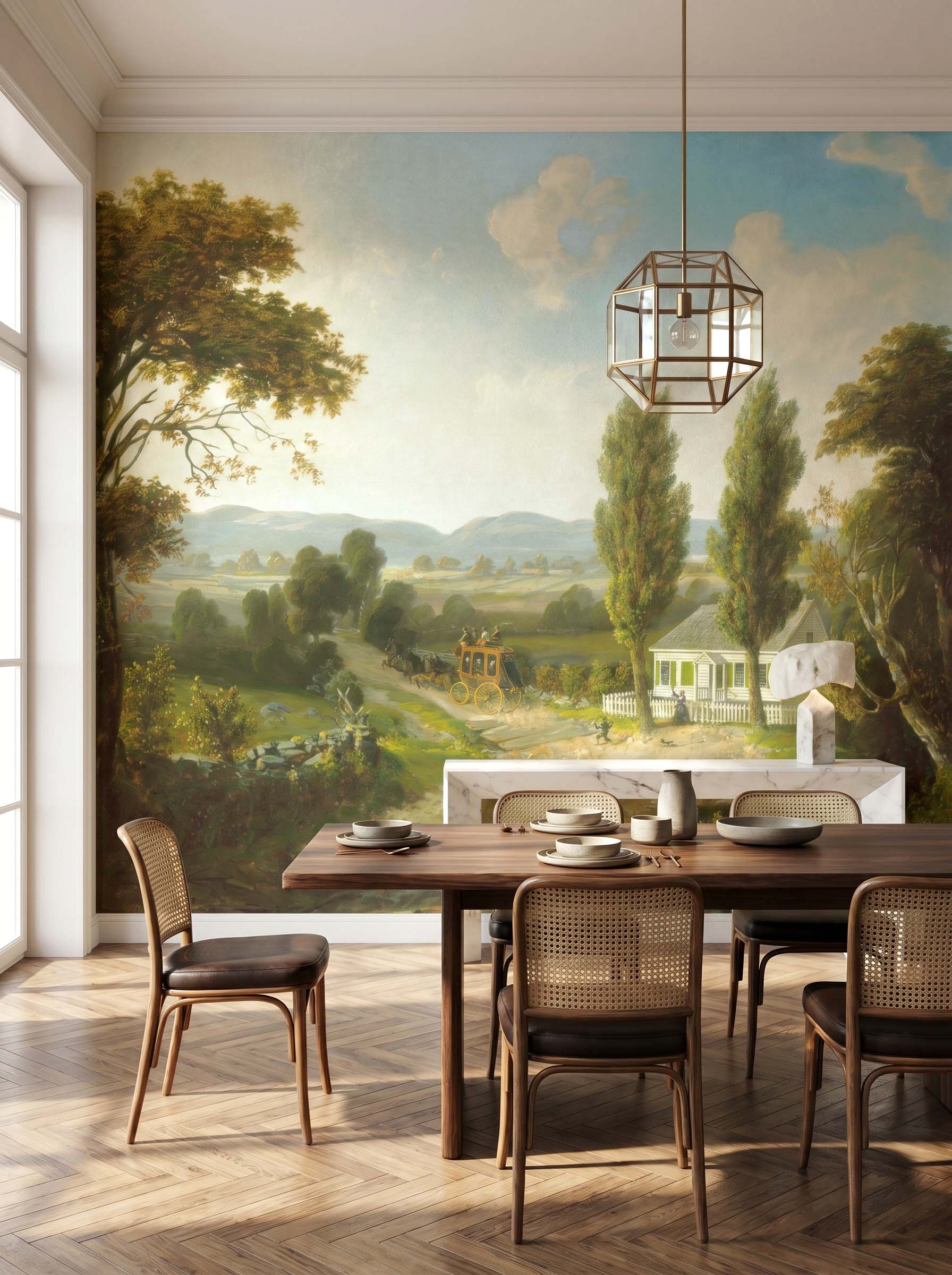 Interior room mockup featuring the Musee Pastoral Voyage wall mural with a restored historical country landscape, creating an elegant and cultured atmosphere.2 Interior room mockup featuring the Musee Pastoral Voyage wall mural with a restored historical country landscape, creating an elegant and cultured atmosphere.2