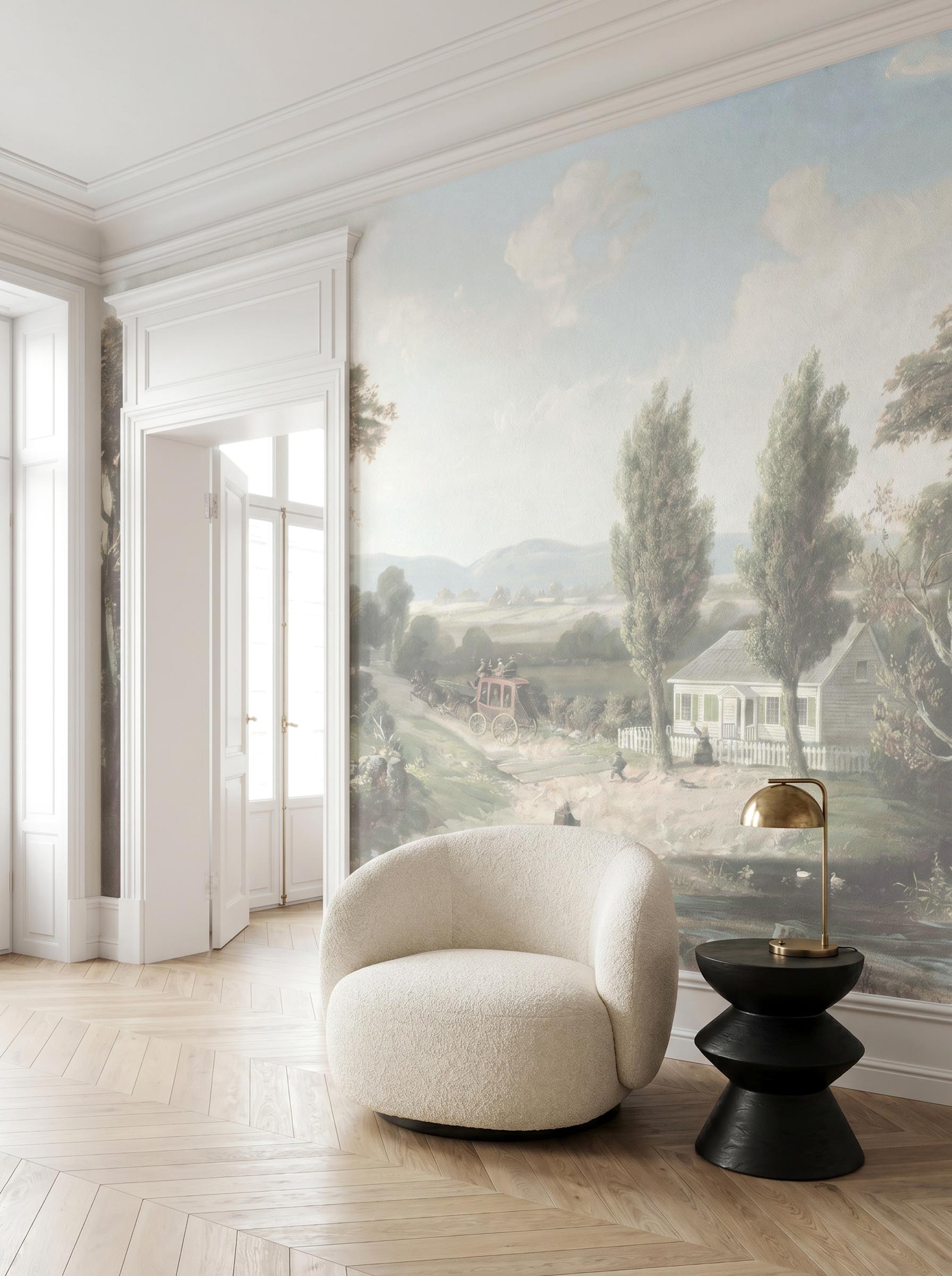 Interior room mockup featuring the Musee Pastoral Voyage wall mural with a restored historical country landscape, creating an elegant and cultured atmosphere.3 Interior room mockup featuring the Musee Pastoral Voyage wall mural with a restored historical country landscape, creating an elegant and cultured atmosphere.3