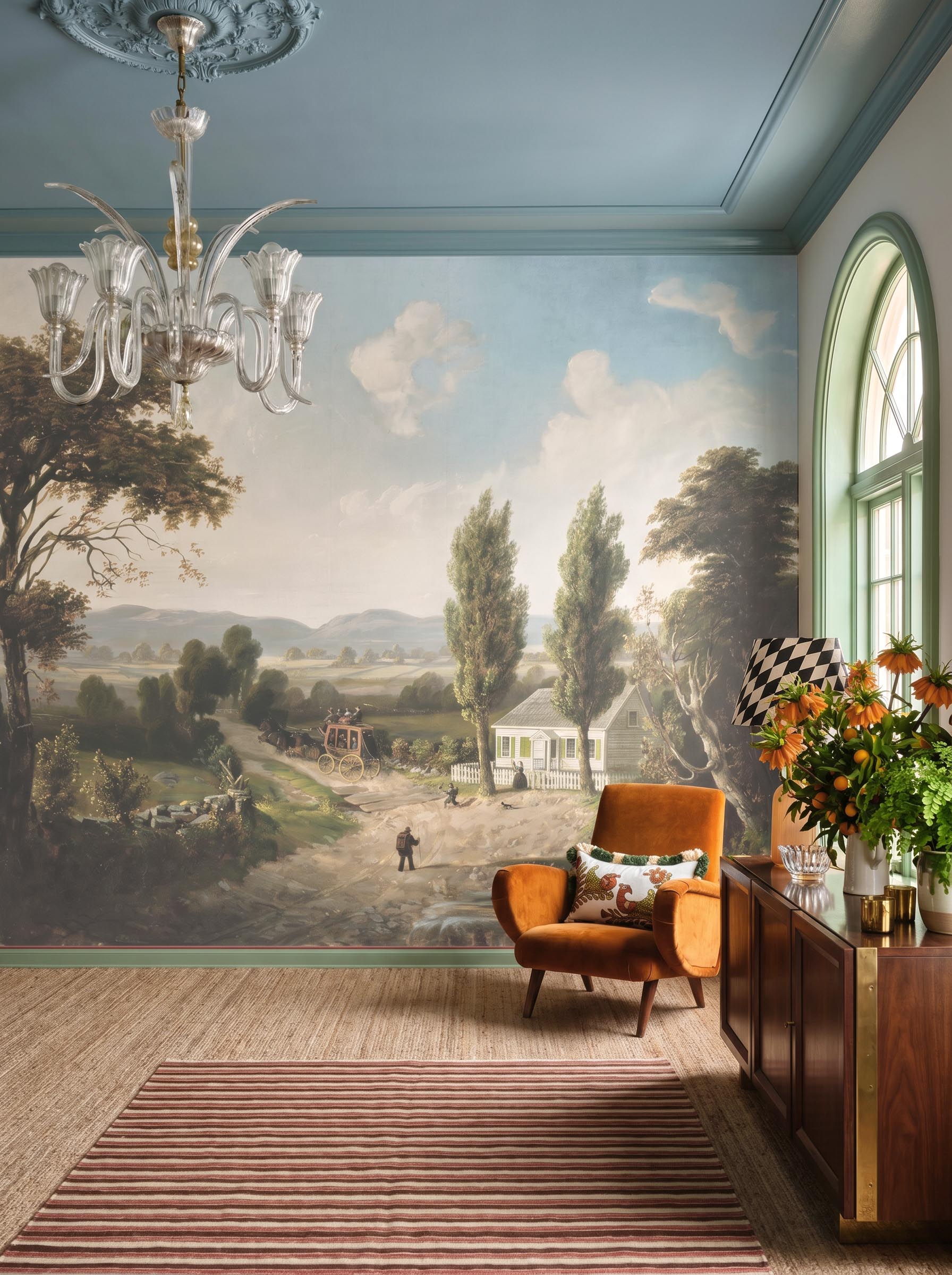 Interior room mockup featuring the Musee Pastoral Voyage wall mural with a restored historical country landscape, creating an elegant and cultured atmosphere.4 Interior room mockup featuring the Musee Pastoral Voyage wall mural with a restored historical country landscape, creating an elegant and cultured atmosphere.4