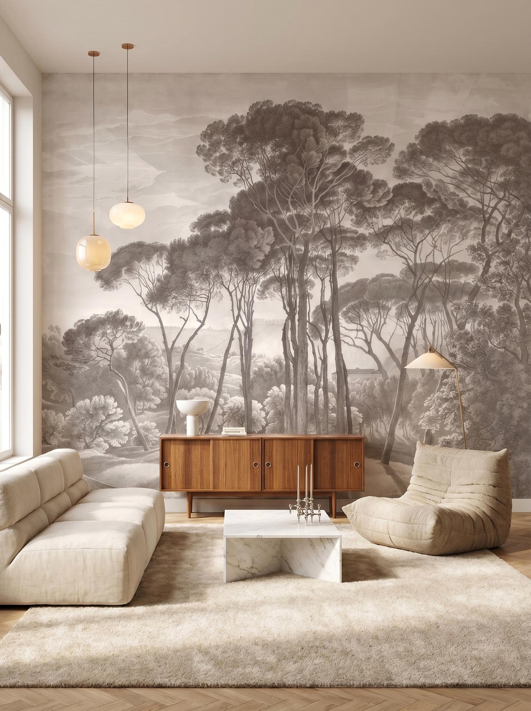 Interior room mockup featuring the Musee Timeless Canopy wall mural with a restored historical forest landscape, creating a majestic and cultured atmosphere.1 Interior room mockup featuring the Musee Timeless Canopy wall mural with a restored historical forest landscape, creating a majestic and cultured atmosphere.1