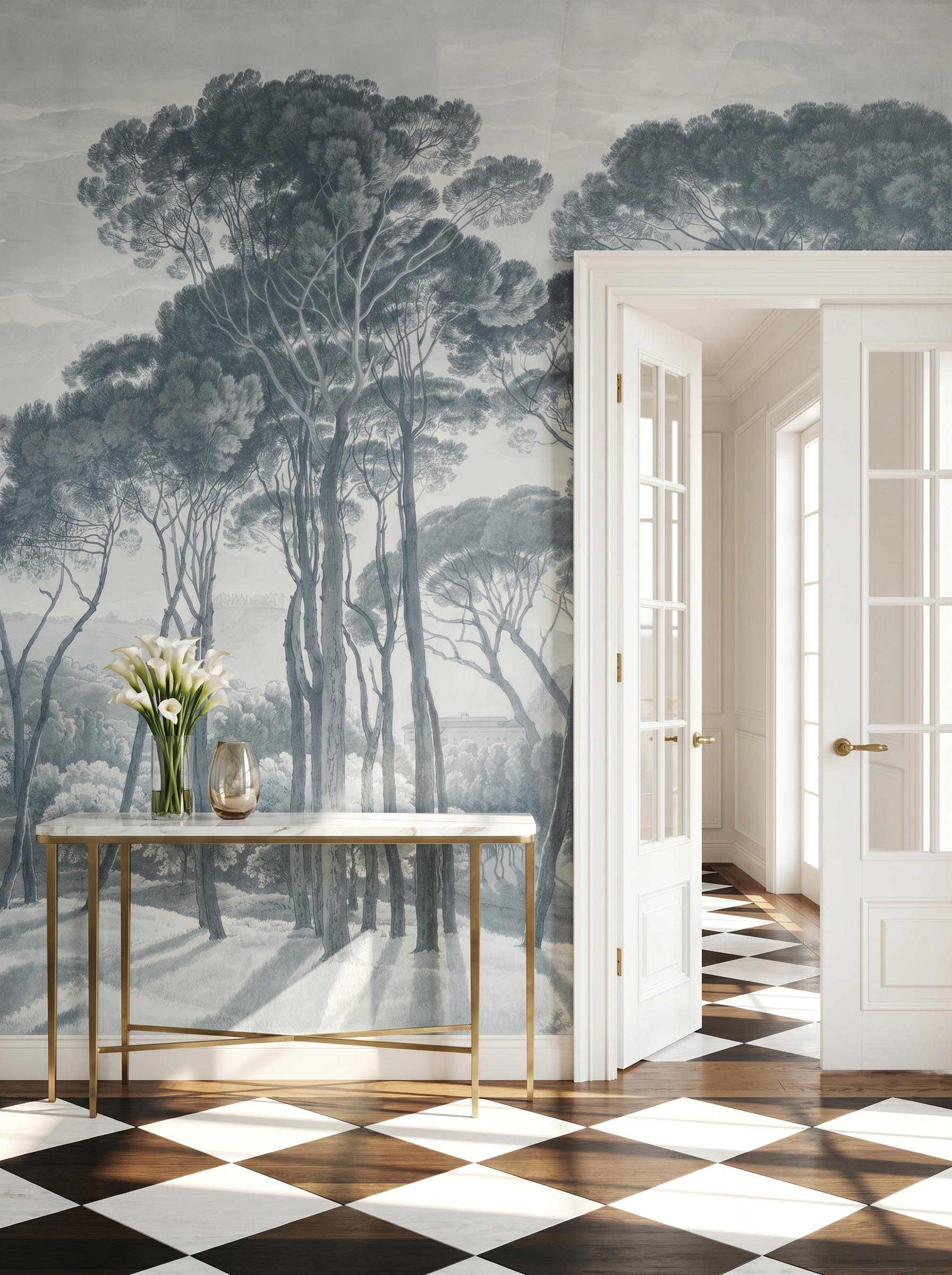 Interior room mockup featuring the Musee Timeless Canopy wall mural with a restored historical forest landscape, creating a majestic and cultured atmosphere.2 Interior room mockup featuring the Musee Timeless Canopy wall mural with a restored historical forest landscape, creating a majestic and cultured atmosphere.2