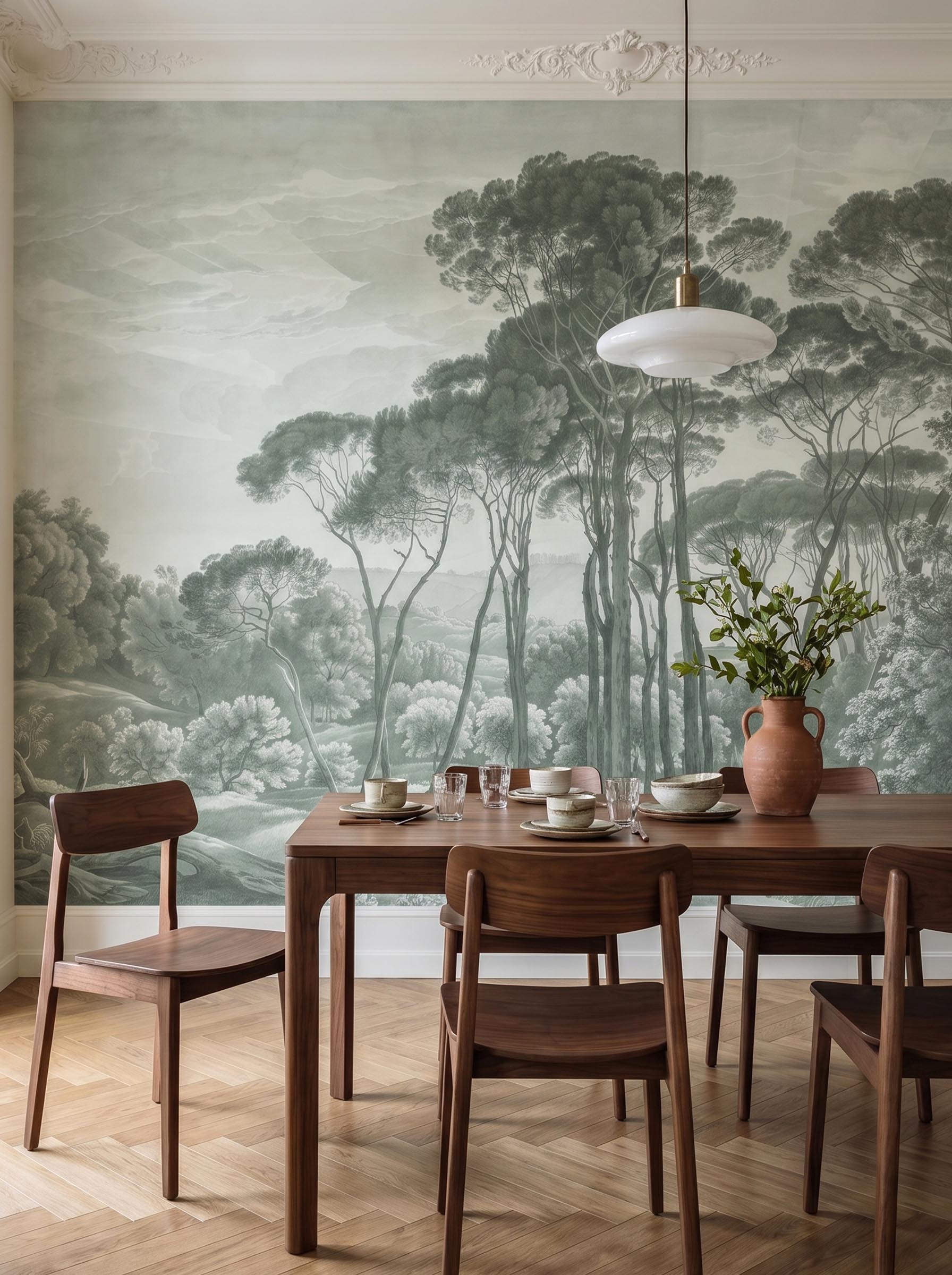 Interior room mockup featuring the Musee Timeless Canopy wall mural with a restored historical forest landscape, creating a majestic and cultured atmosphere.3 Interior room mockup featuring the Musee Timeless Canopy wall mural with a restored historical forest landscape, creating a majestic and cultured atmosphere.3