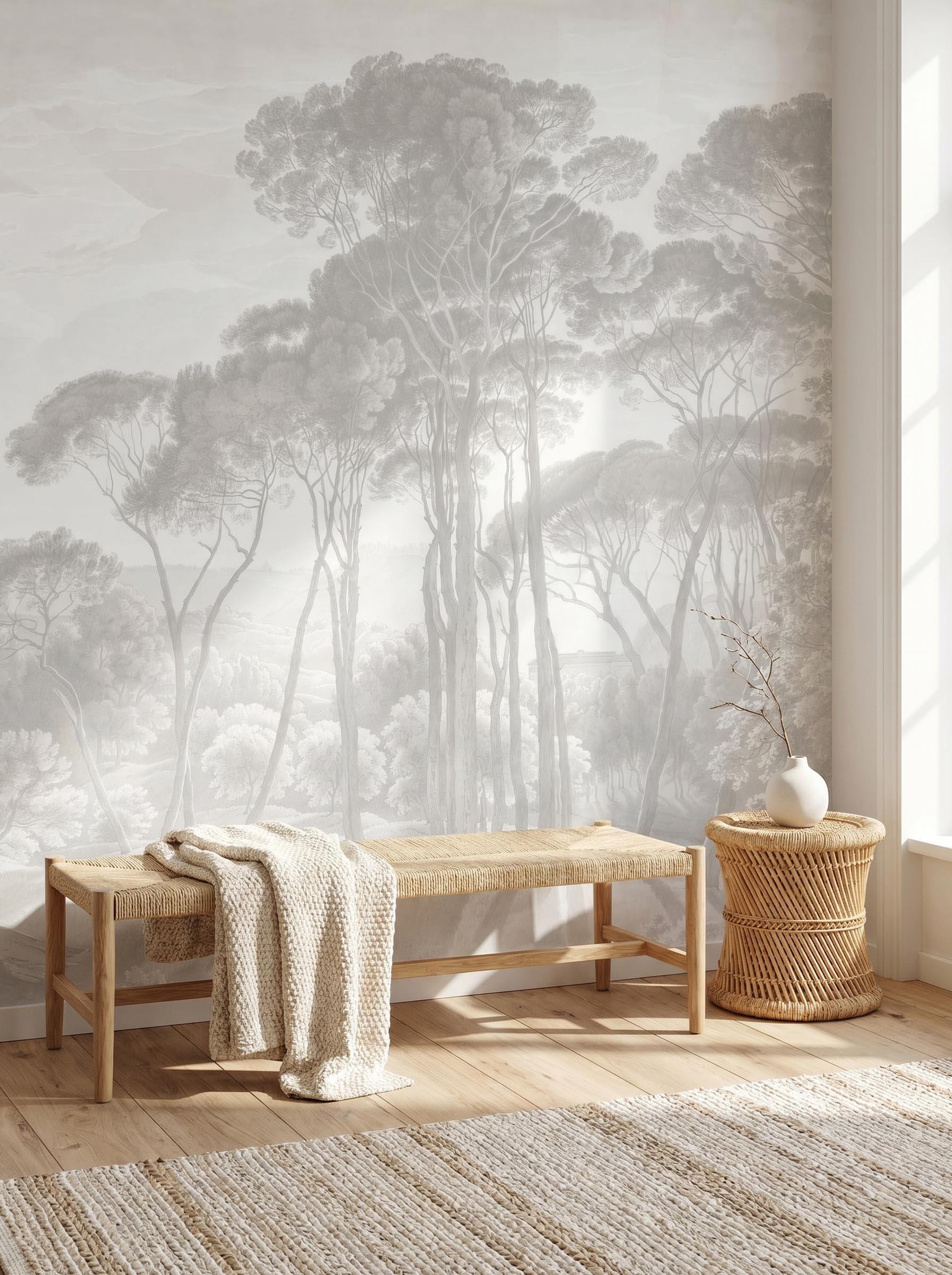 Interior room mockup featuring the Musee Timeless Canopy wall mural with a restored historical forest landscape, creating a majestic and cultured atmosphere.4 Interior room mockup featuring the Musee Timeless Canopy wall mural with a restored historical forest landscape, creating a majestic and cultured atmosphere.4